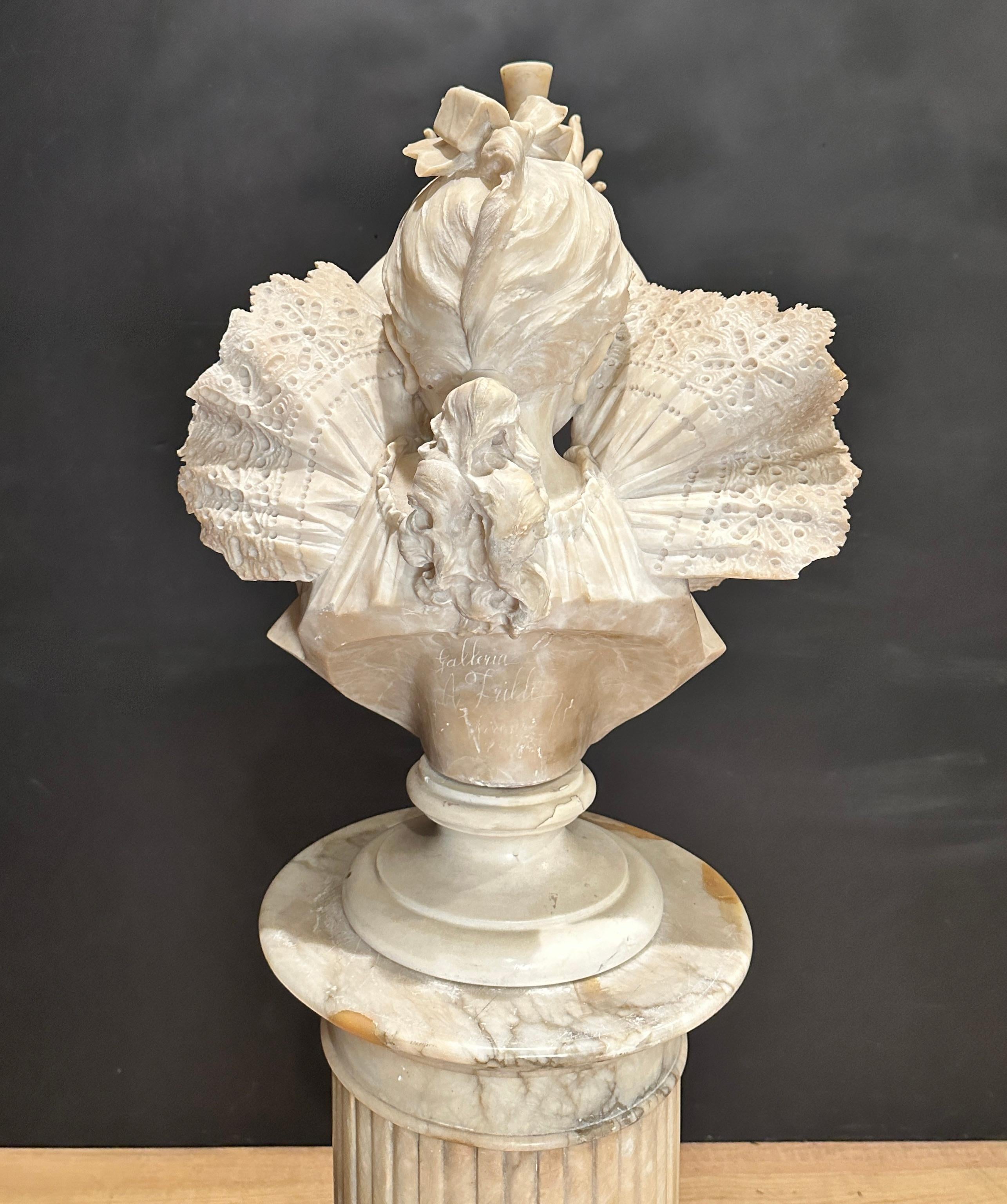 Italian Carved Alabaster And Marble Bust Of Young Girl By Antonio Frilli In Good Condition For Sale In Norwood, NJ