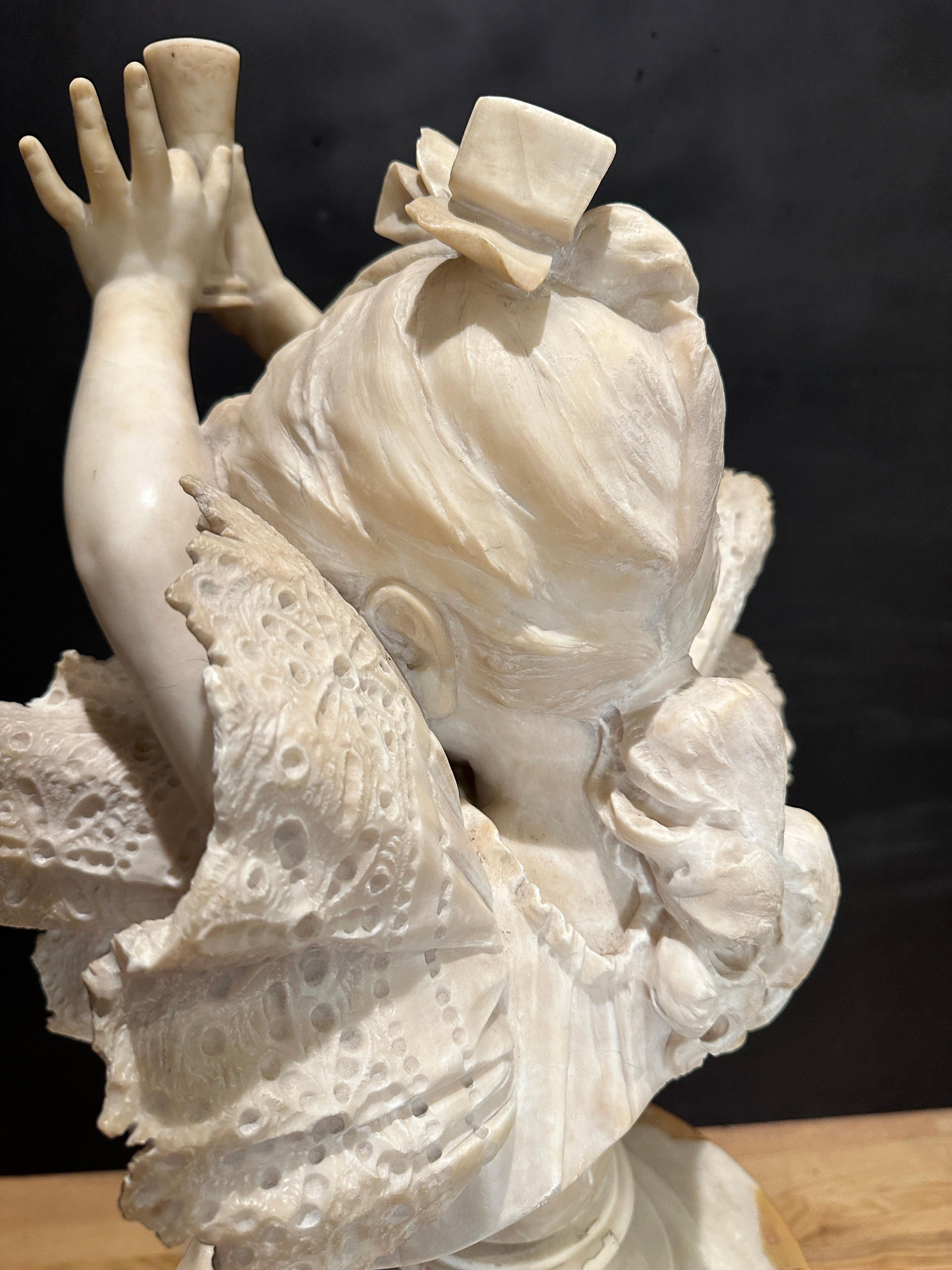 Italian Carved Alabaster And Marble Bust Of Young Girl By Antonio Frilli For Sale 1
