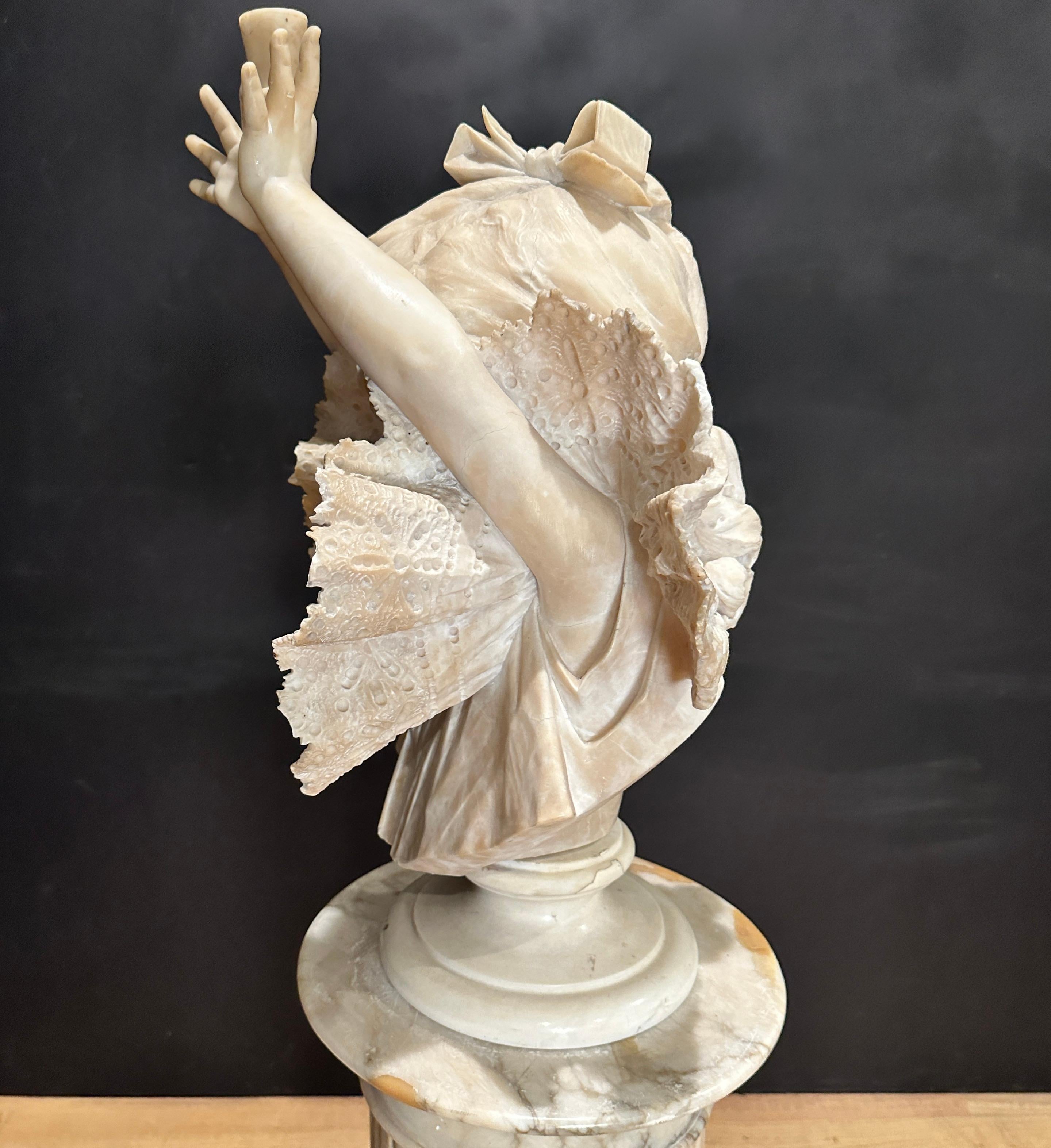 Italian Carved Alabaster And Marble Bust Of Young Girl By Antonio Frilli For Sale 2
