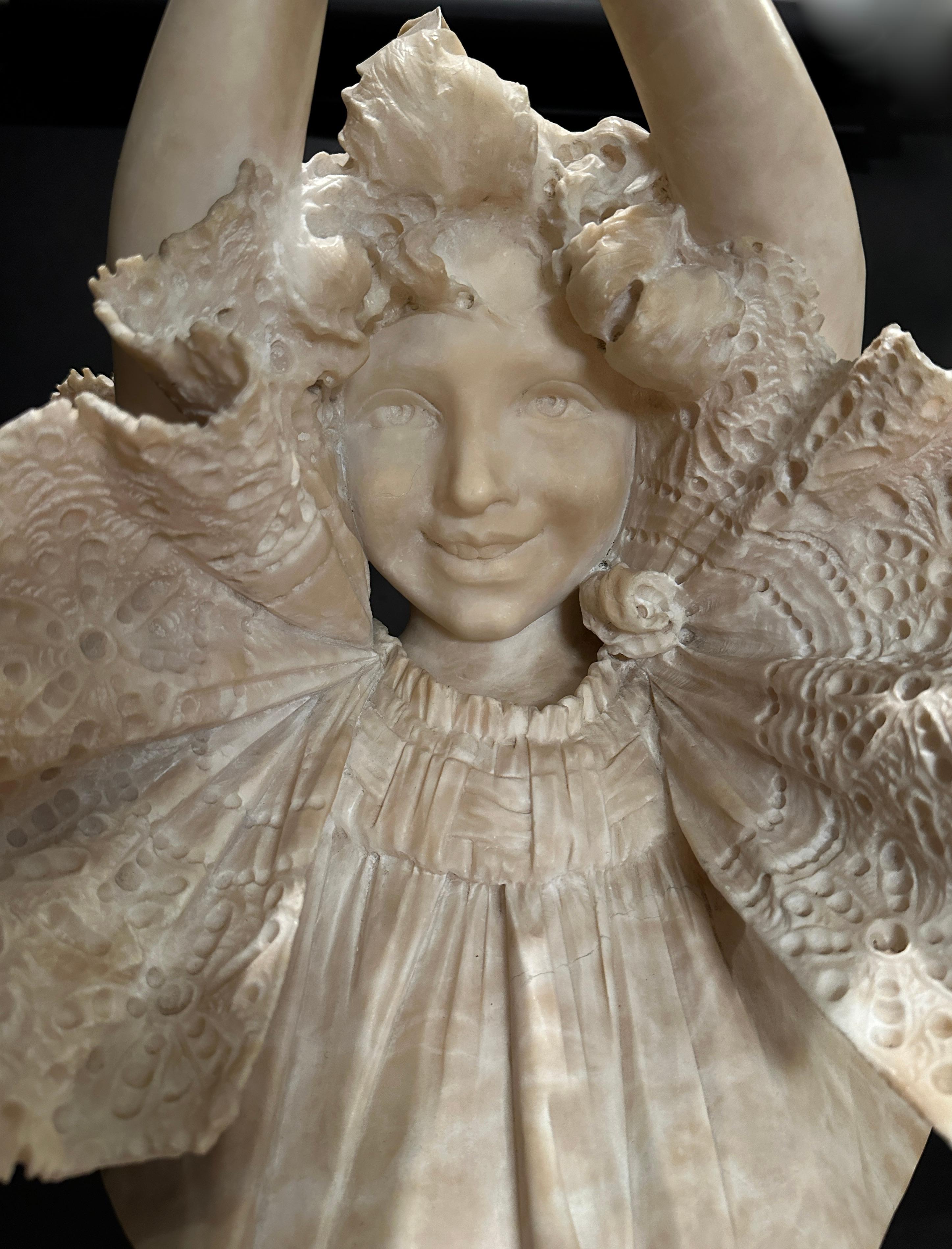 Italian Carved Alabaster And Marble Bust Of Young Girl By Antonio Frilli For Sale 3