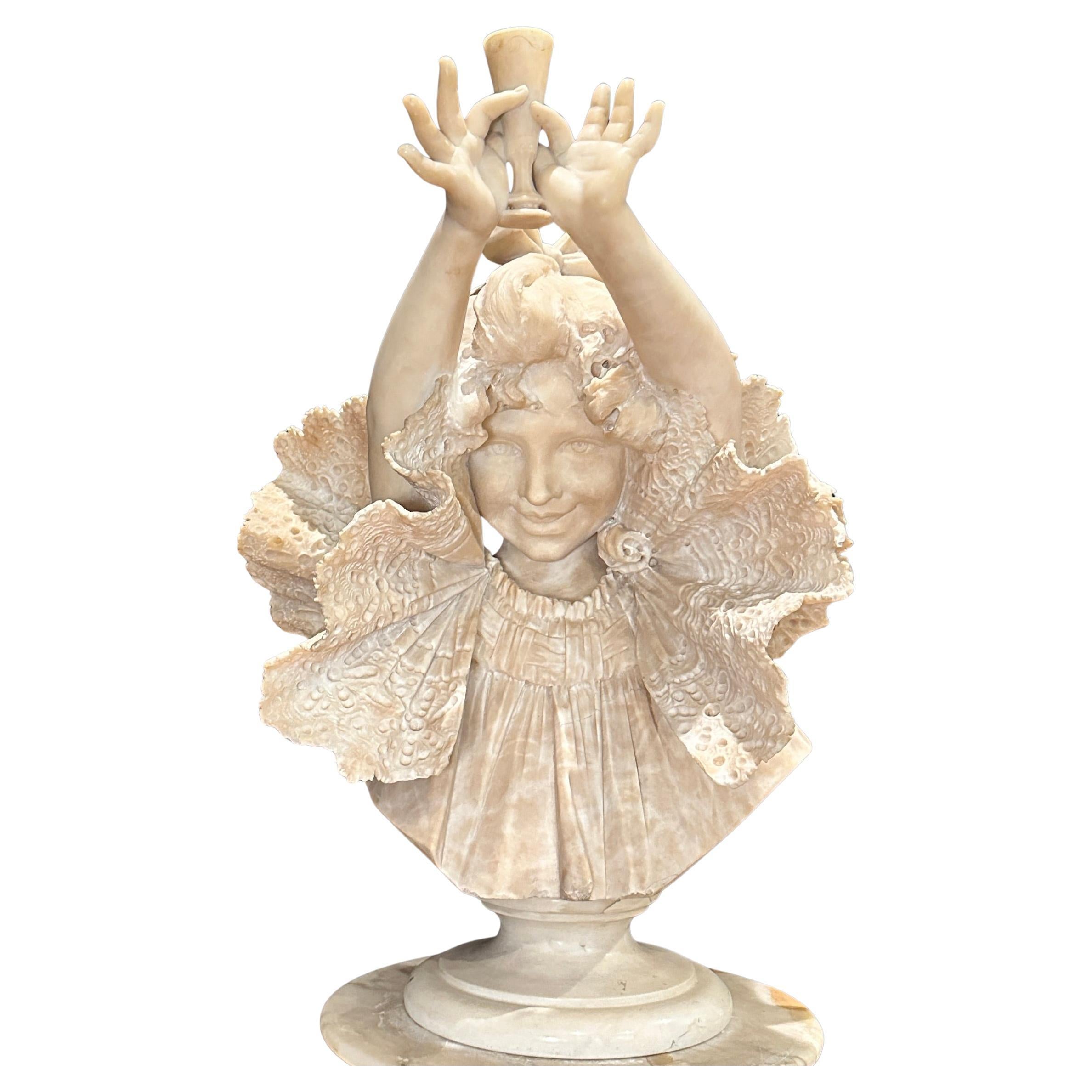 Italian Carved Alabaster And Marble Bust Of Young Girl By Antonio Frilli