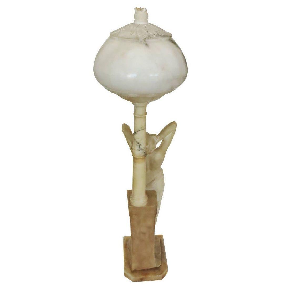 Finely carved early 20th century Italian lamp in alabaster, featuring a beautiful Greco-Roman nude female figure standing beneath an elaborate lamp shade, decorated with carved and incised flowers and garlands.

Signed Italy, circa 1905.
 