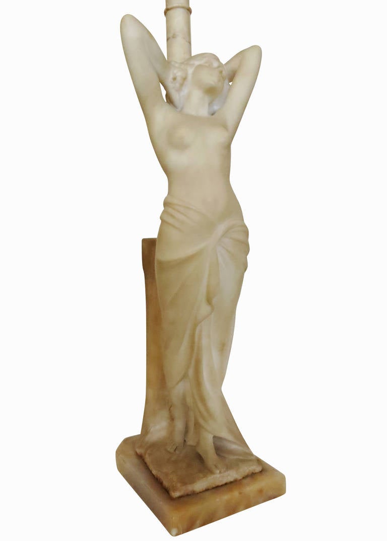 Italian Carved Alabaster Nude Figural Lamp In Excellent Condition In Van Nuys, CA