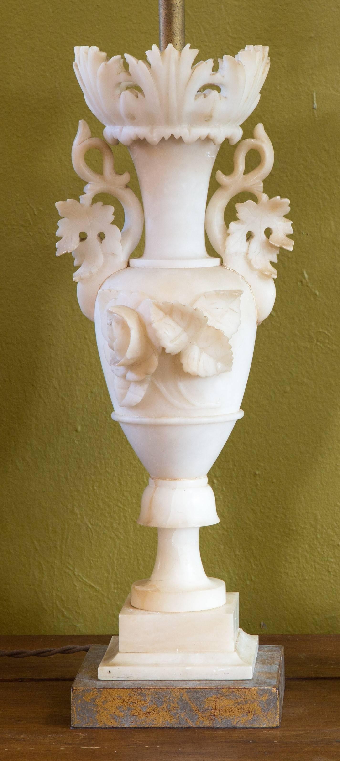 Elegant alabaster table lamp from Italy, circa 1920. Newly wired with UL listed parts. A near-pair may be available, price listed is for one table lamp.