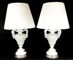 Italian Carved Alabaster Table Lamps, A Pair