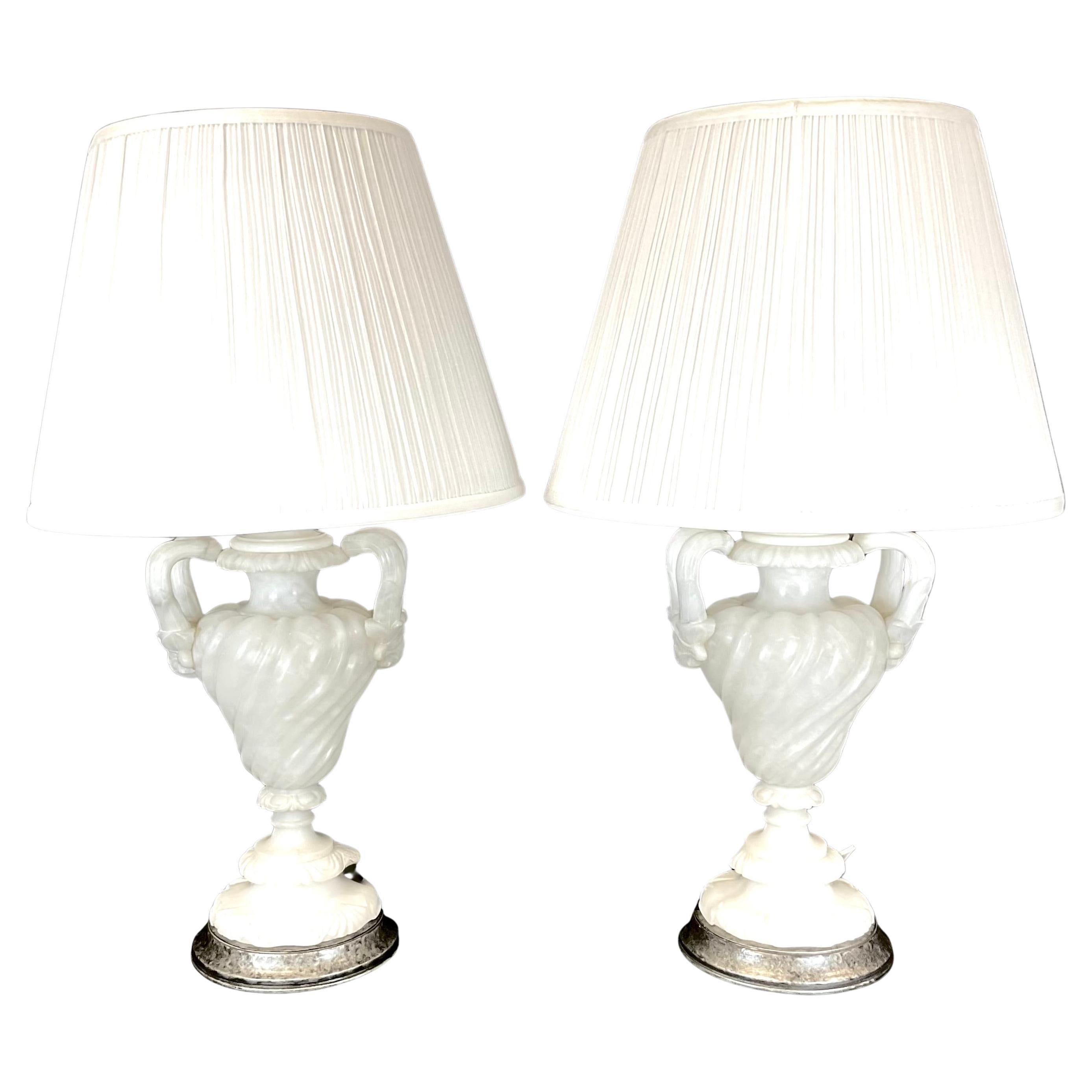 Italian Carved Alabaster Table Lamps, A Pair