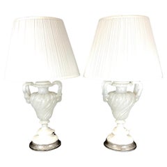 Italian Carved Alabaster Table Lamps, A Pair