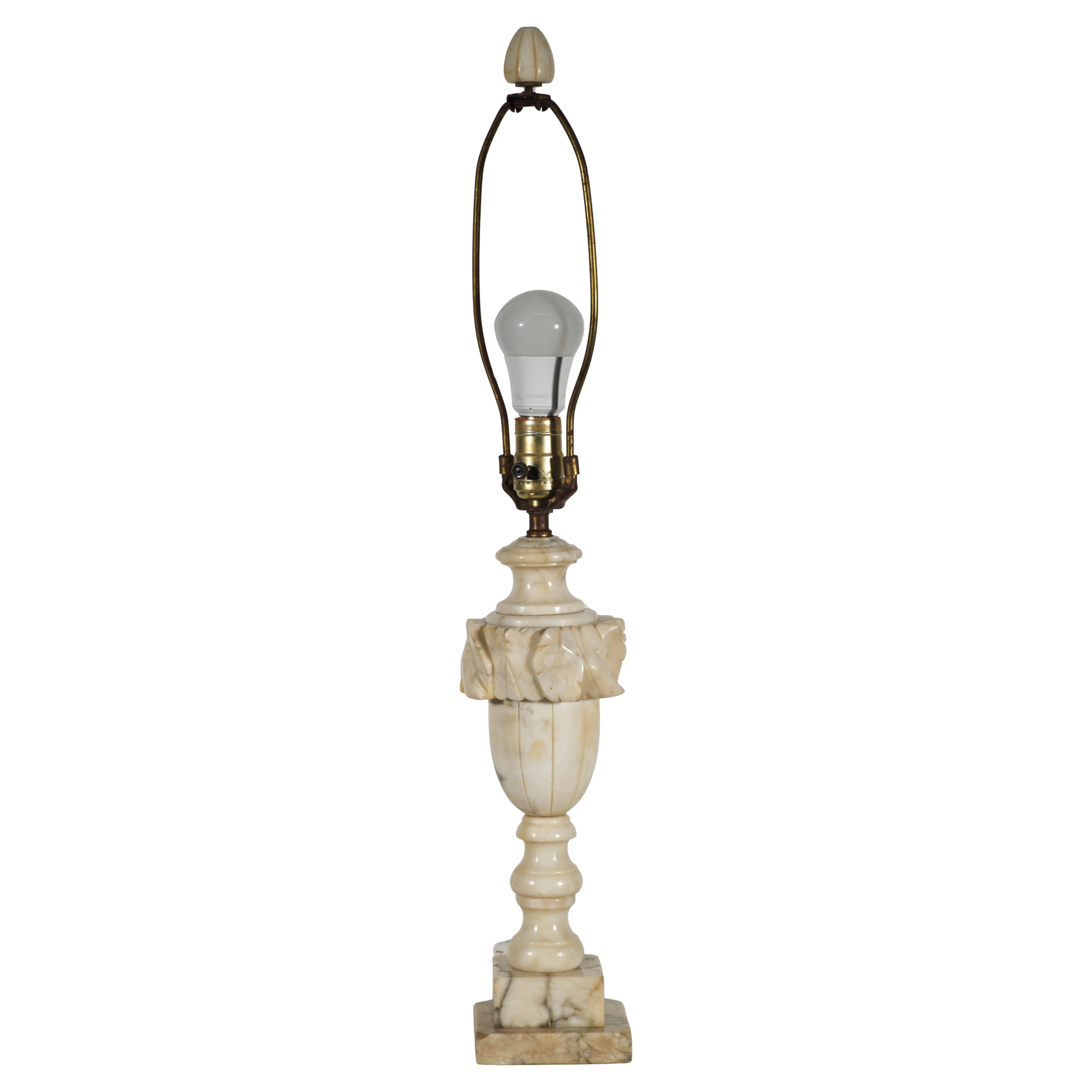 Italian Carved Alabaster Urn Table Lamp with Leaves Decor