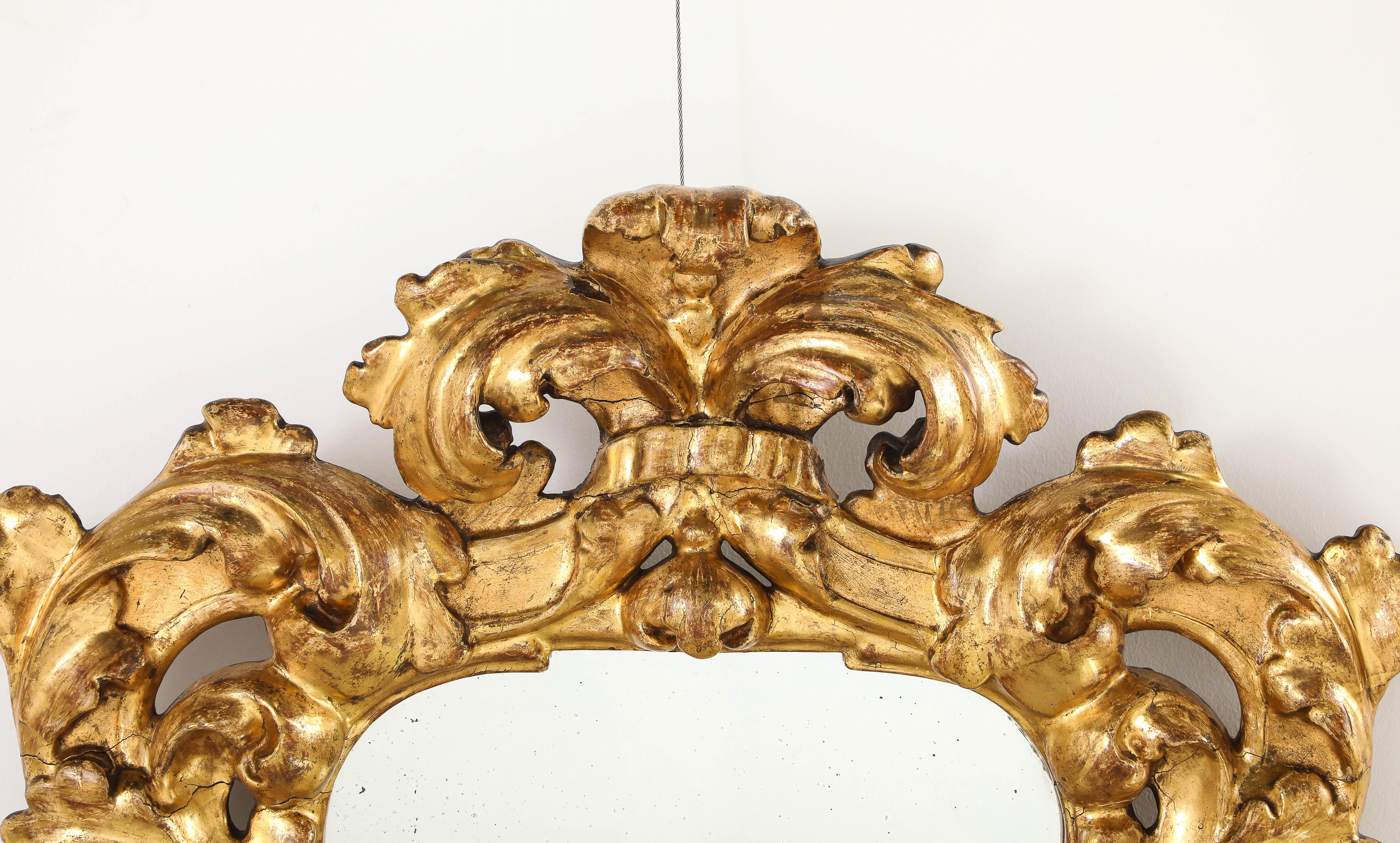 Miroir baroque piémontais d'époque italienne avec un cadre en forme de cartoccio ou de cartouche en bois richement sculpté, doré à la feuille d'or, avec sa plaque de miroir ovale d'origine. Cette pièce présente un corps richement sculpté, orné de