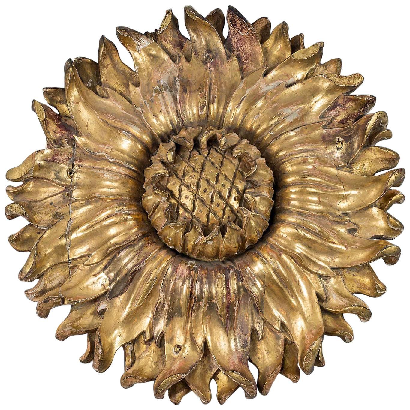 Italian Carved and Gilded Sunflower Sculpture - Ceiling Rosette For Sale
