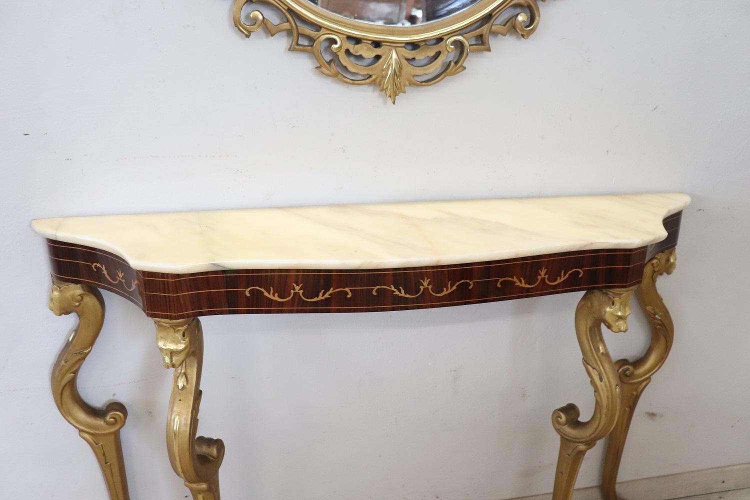 Italian Carved and Gilded Wood Console Table with Marble Top and Mirror 3