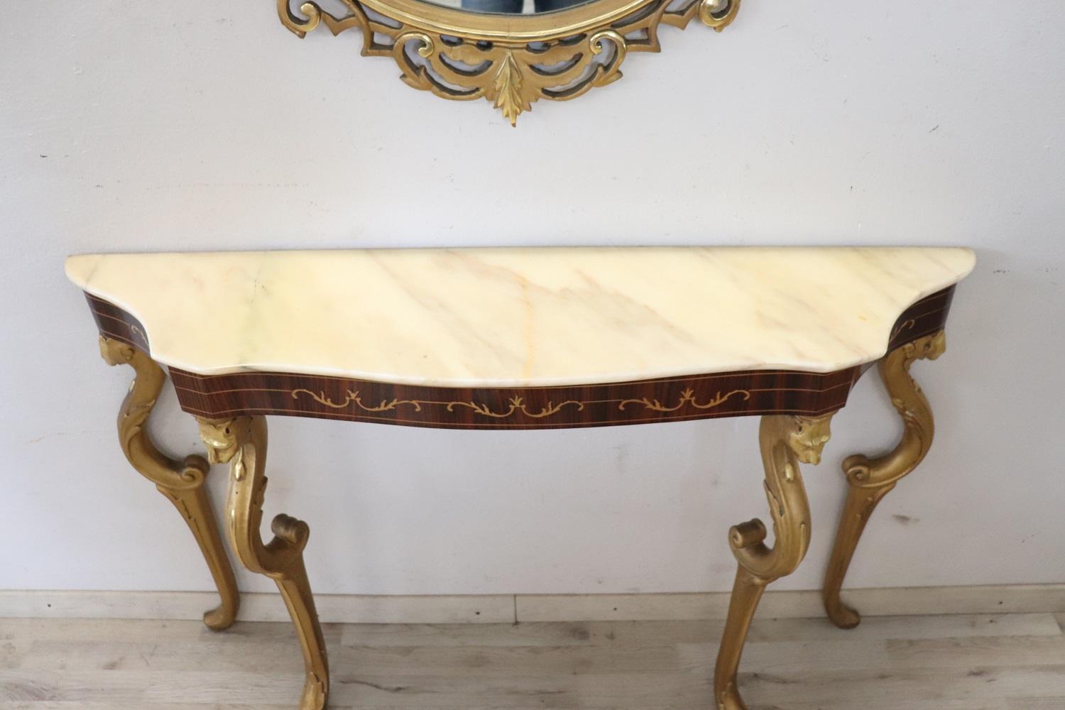 Italian Carved and Gilded Wood Console Table with Marble Top and Mirror 4