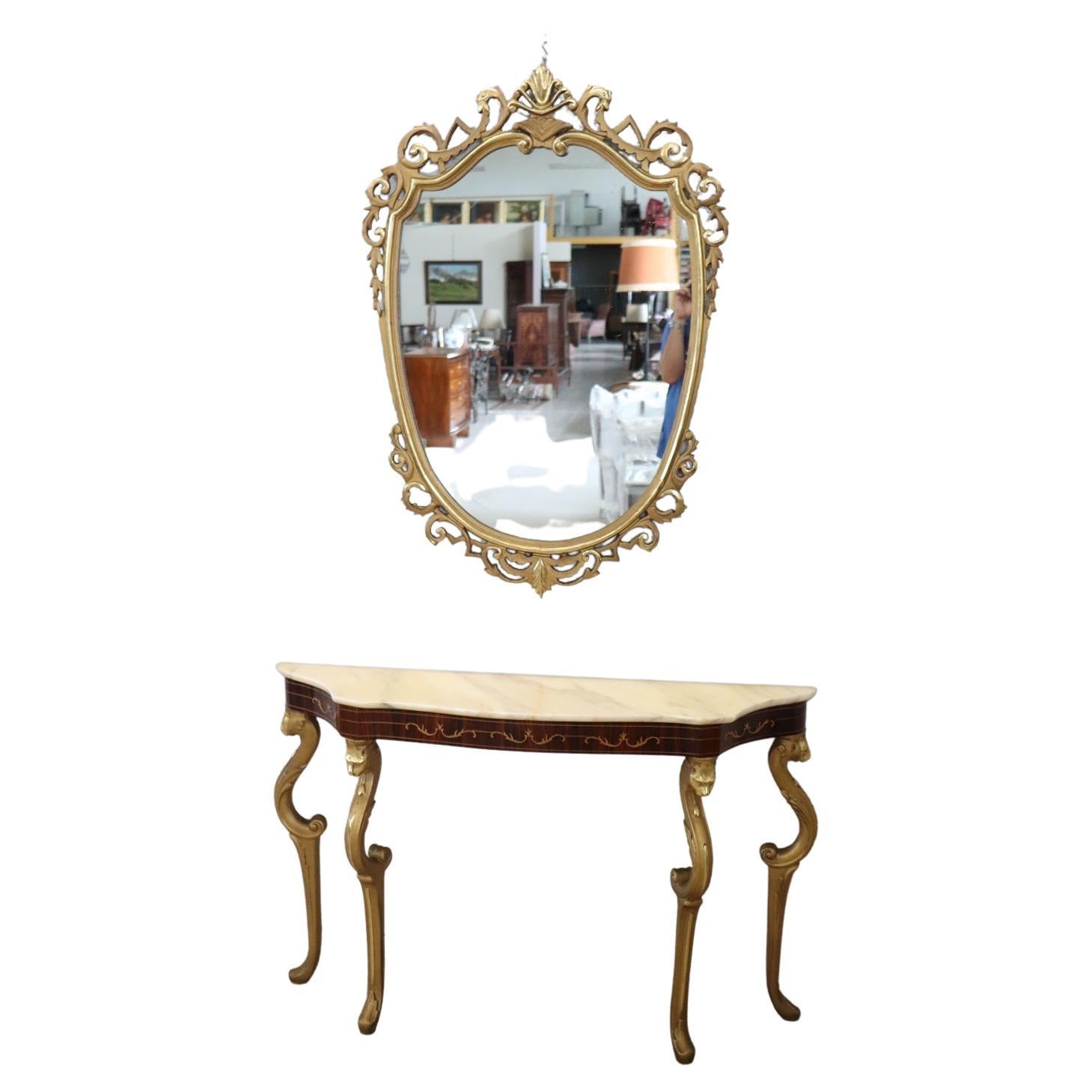 Italian Carved and Gilded Wood Console Table with Marble Top and Mirror