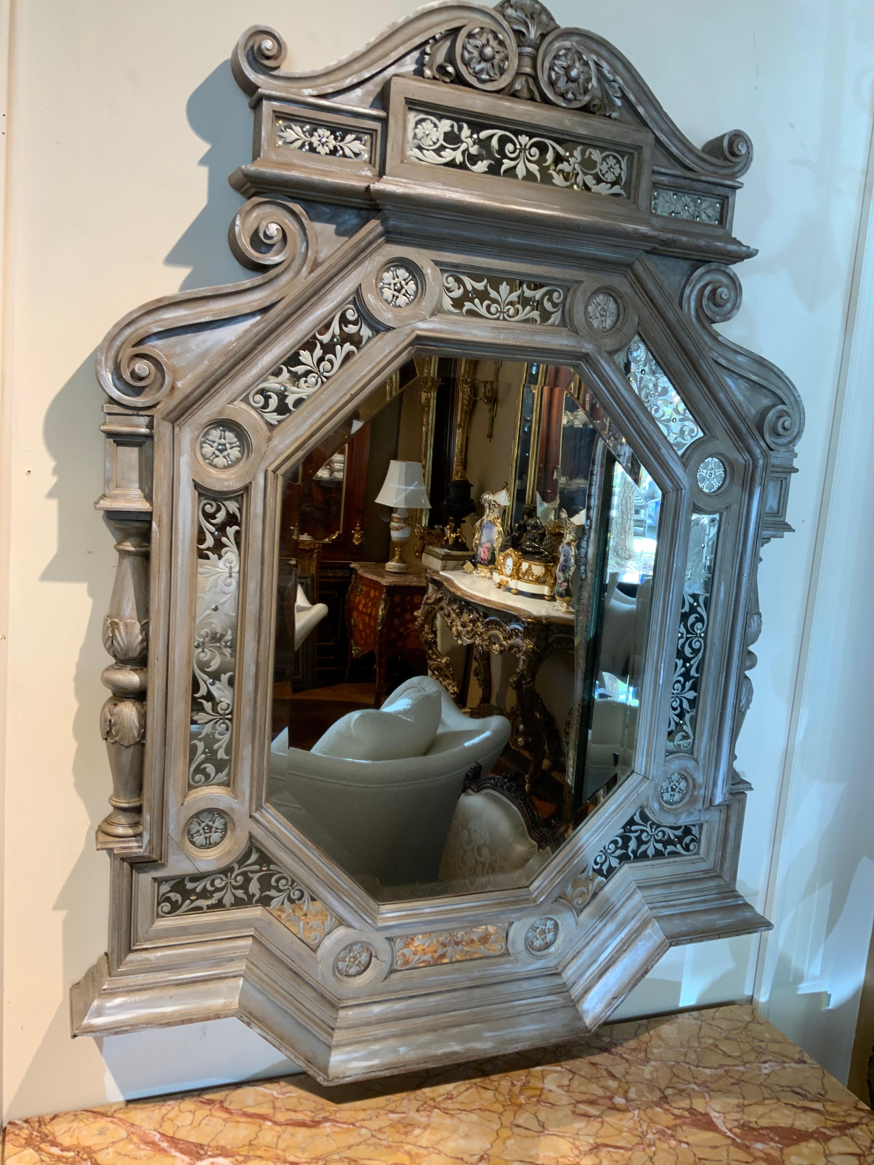 20th Century Italian Carved and Grisalle Mirror with Bevel and Scrolled Etching For Sale