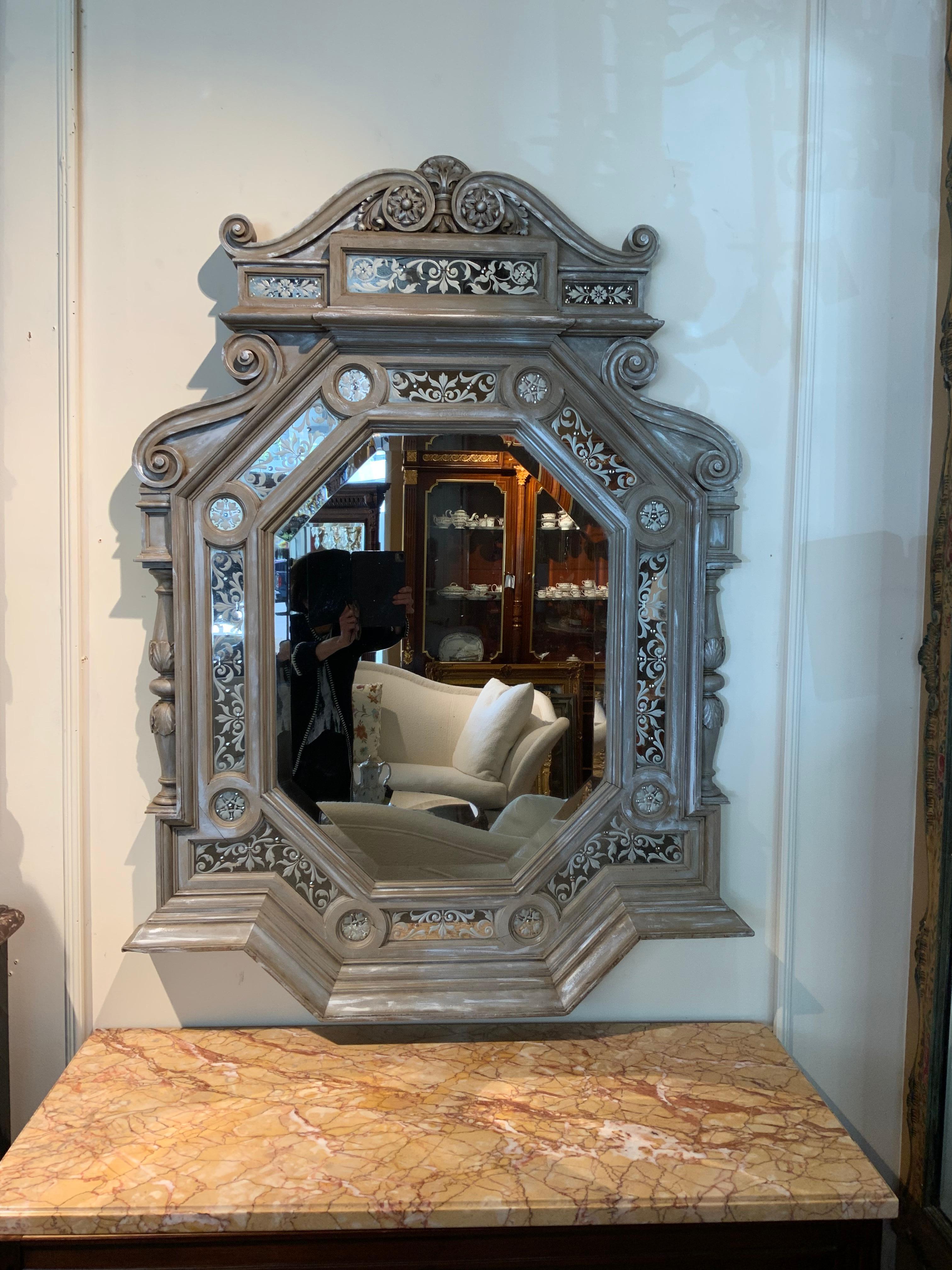 Italian Carved and Grisalle Mirror with Bevel and Scrolled Etching For Sale 1