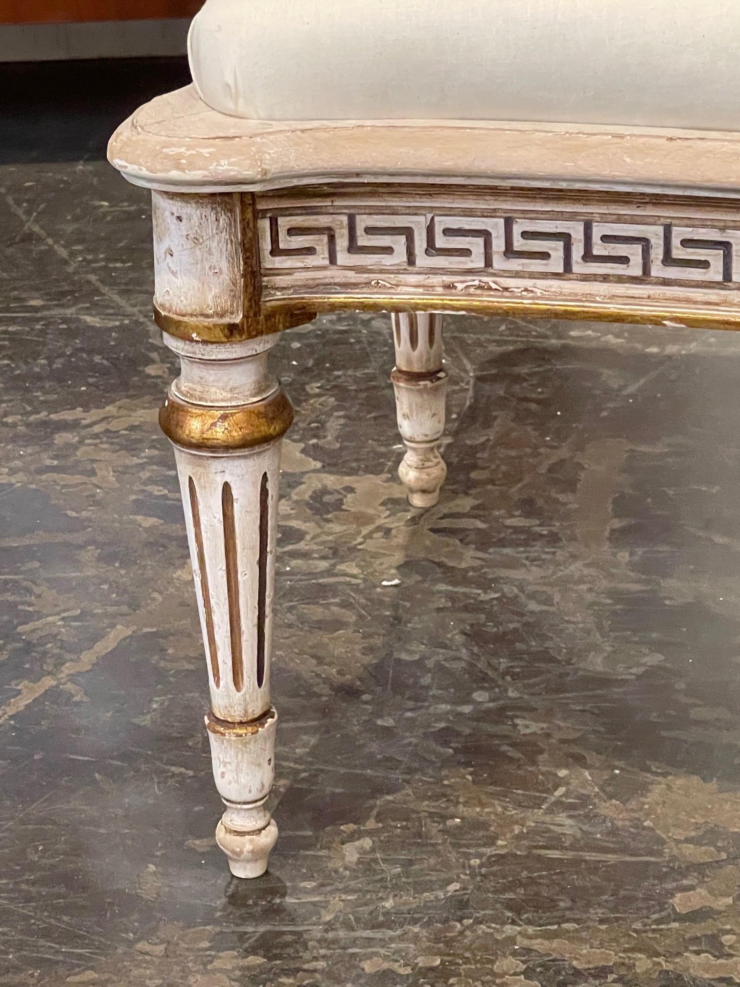 20th Century Italian Carved and Painted Bench with Greek Key Pattern
