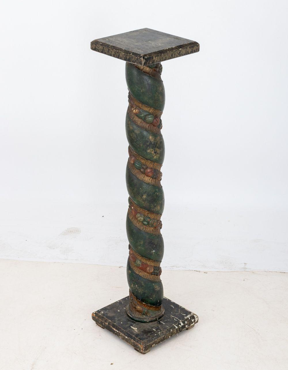 Italian Carved and Paint-Decorated Wood Solomonic Column, 18th century, with fruit and floral garland and square top and base. 53.5