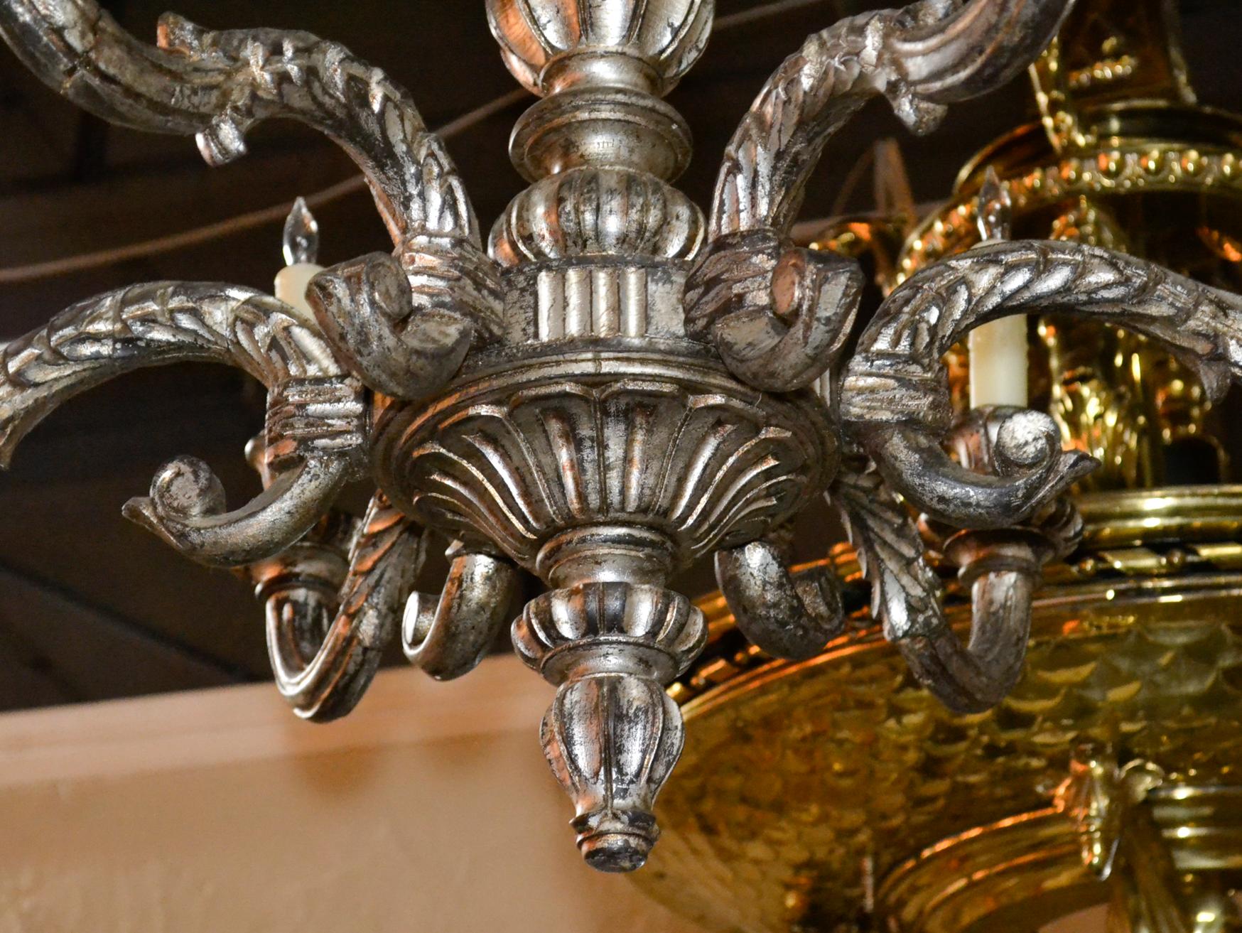 Alluring antique Italian carved and silver gilt 6-light chandelier, circa 1900.