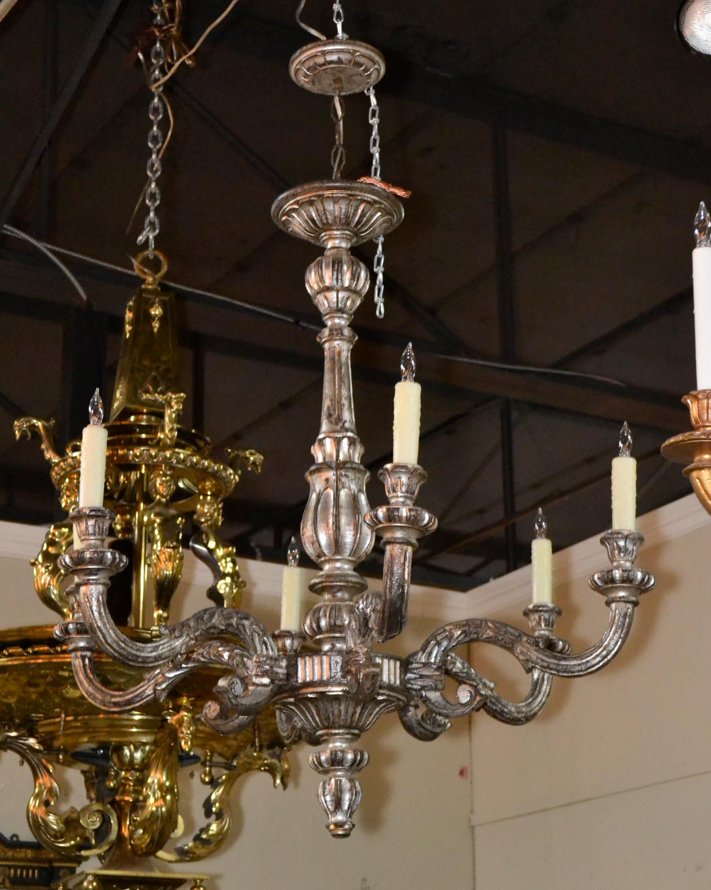 Silvered Italian Carved and Silver Gilt Chandelier