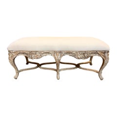 Italian Carved and White Washed Regence Style Bench
