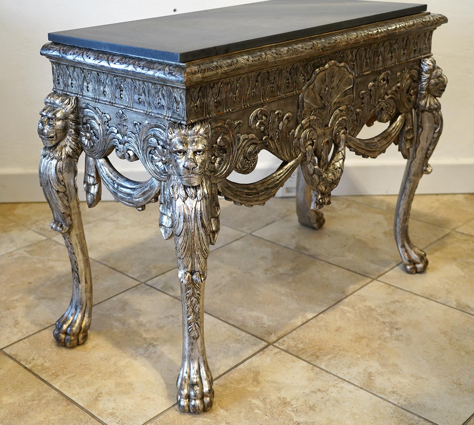 Silver Leaf Italian Carved Baroque Style Silver Gilt Slate Top Console Table, circa 1890