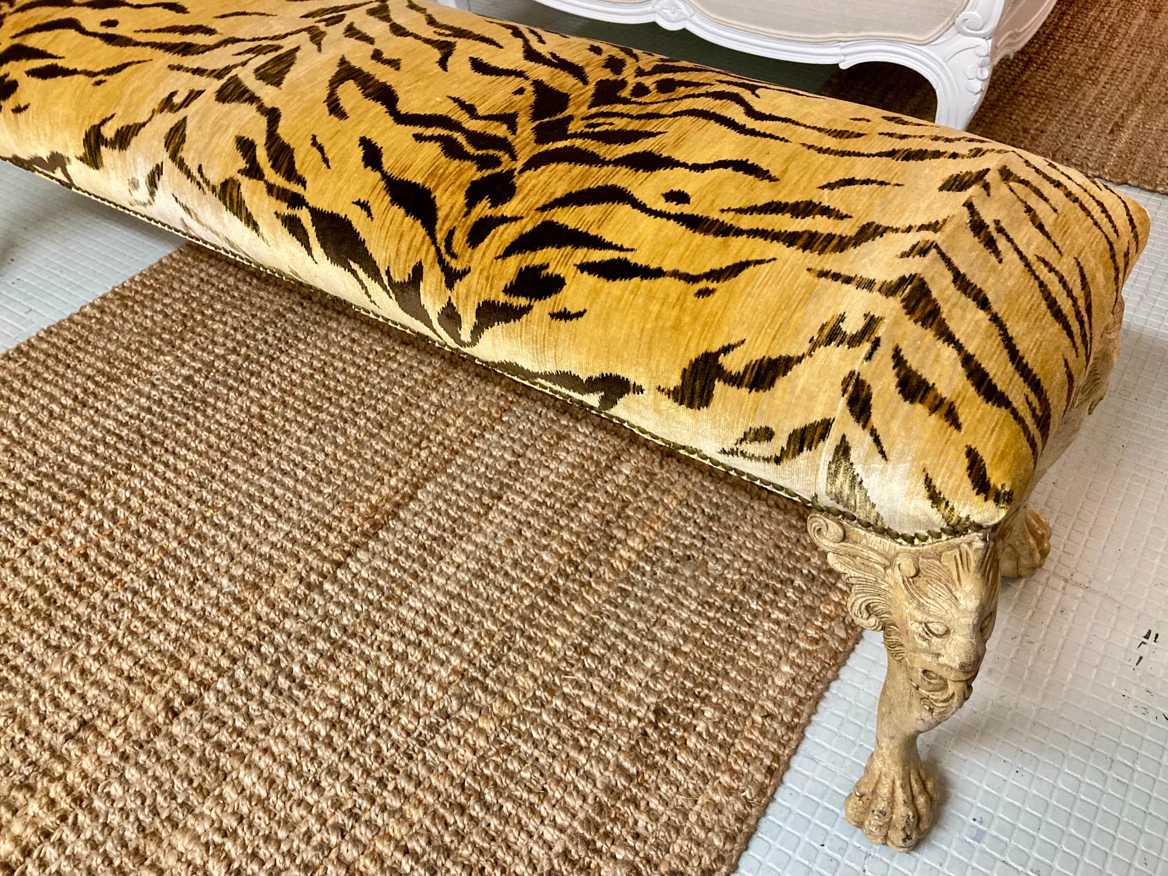 Italian Carved Bench Freshly Upholstered in Tiger Silk Velvet 4
