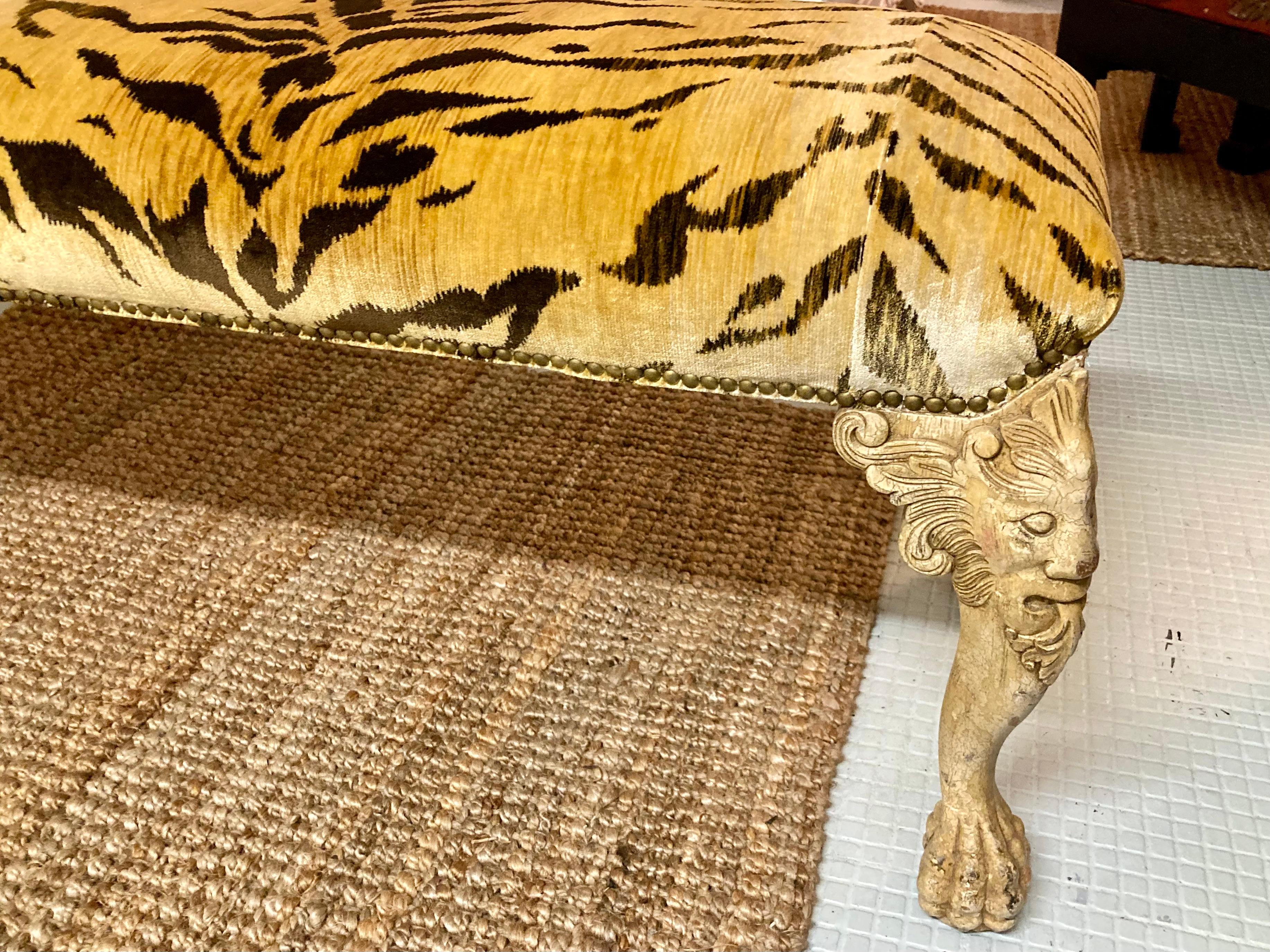 Italian Carved Bench Freshly Upholstered in Tiger Silk Velvet 5