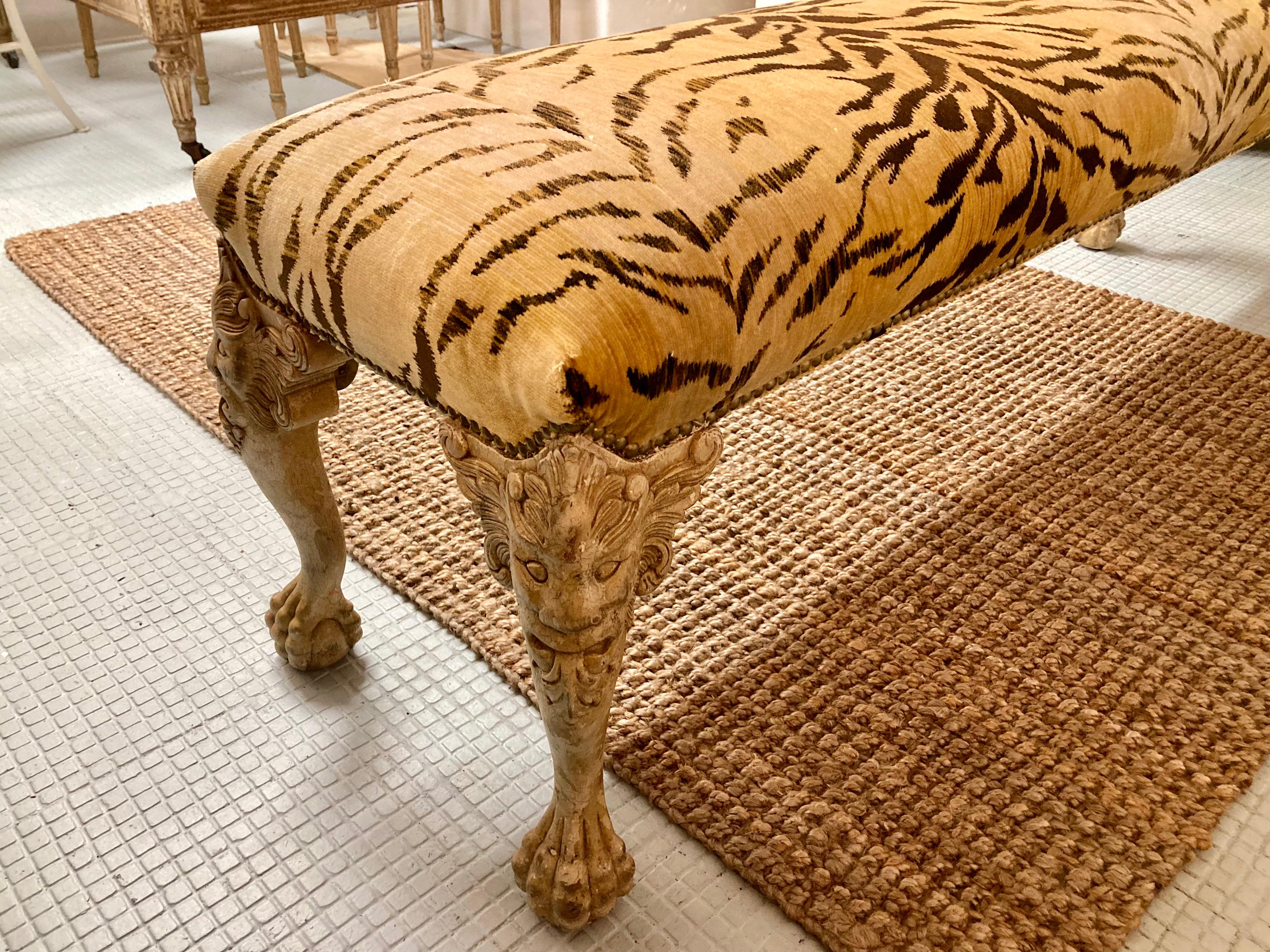 Italian Carved Bench Freshly Upholstered in Tiger Silk Velvet For Sale 6