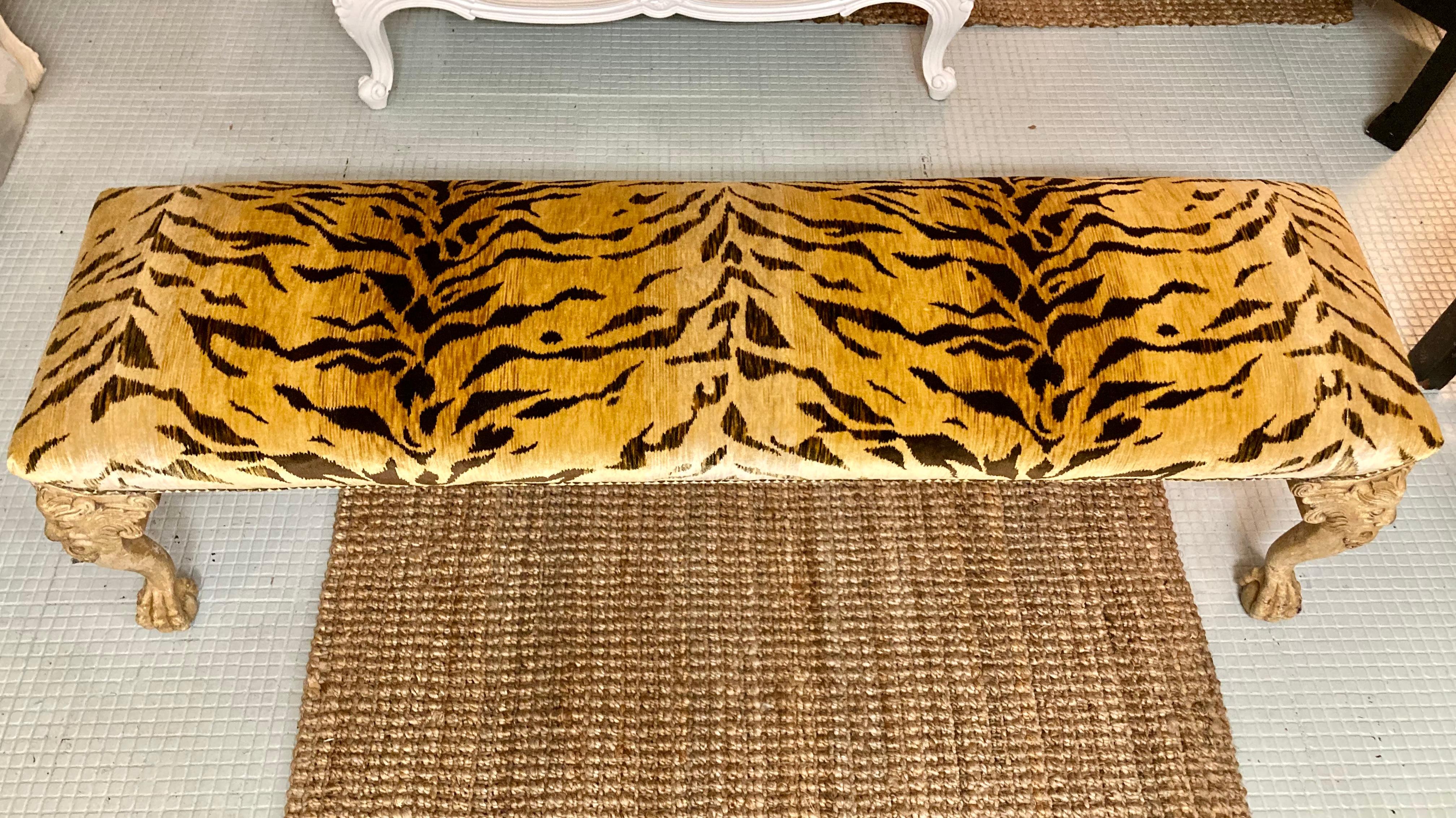 Other Italian Carved Bench Freshly Upholstered in Tiger Silk Velvet