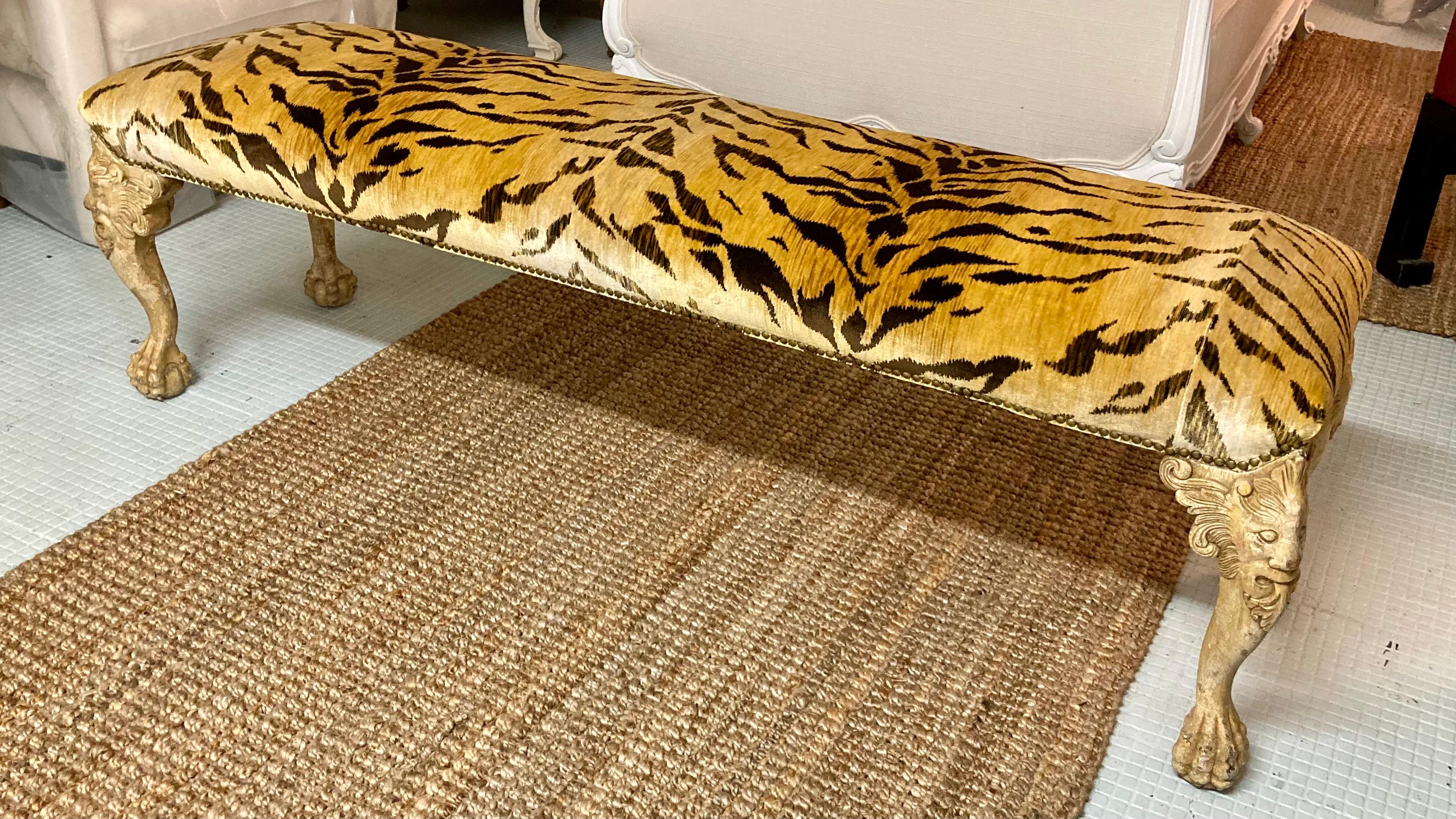 Mid-20th Century Italian Carved Bench Freshly Upholstered in Tiger Silk Velvet