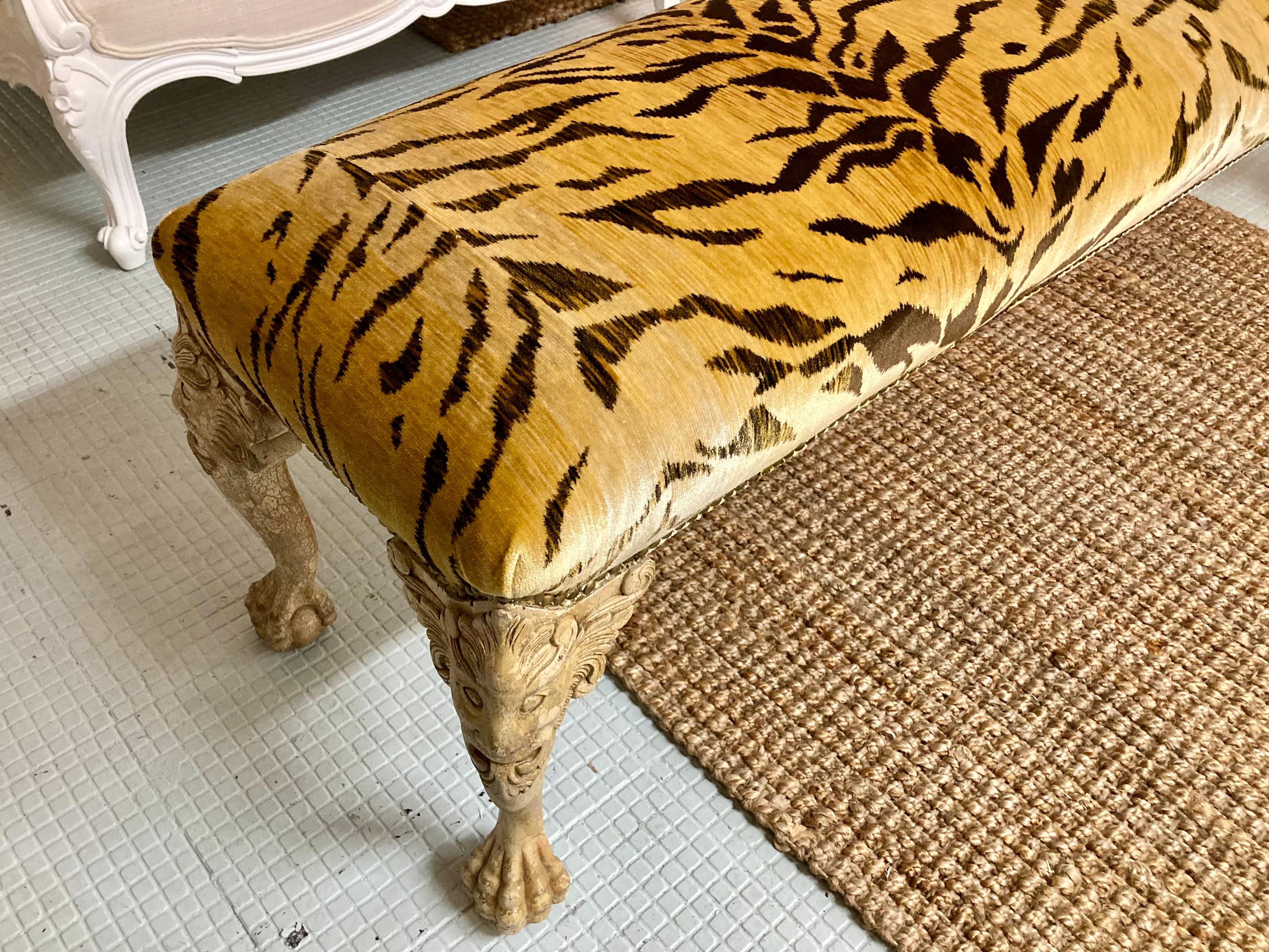 Wood Italian Carved Bench Freshly Upholstered in Tiger Silk Velvet For Sale