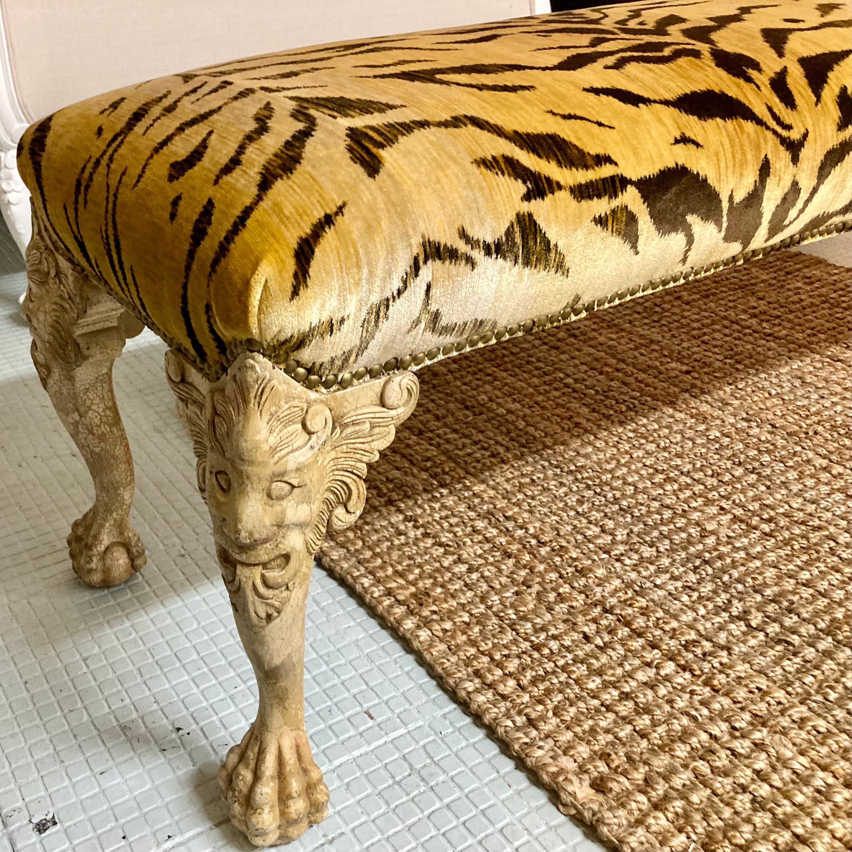 Italian Carved Bench Freshly Upholstered in Tiger Silk Velvet 1