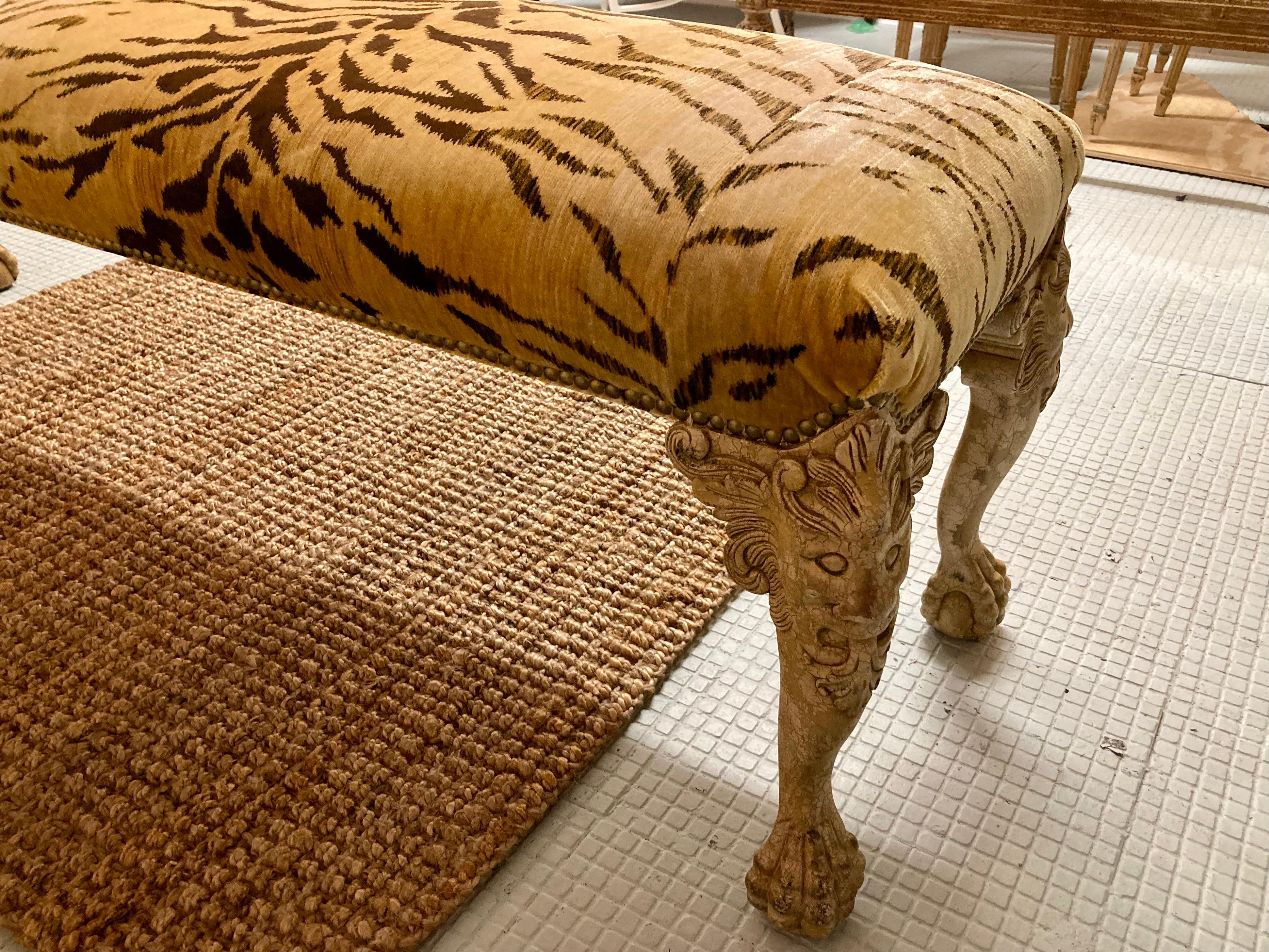 Italian Carved Bench Freshly Upholstered in Tiger Silk Velvet 2
