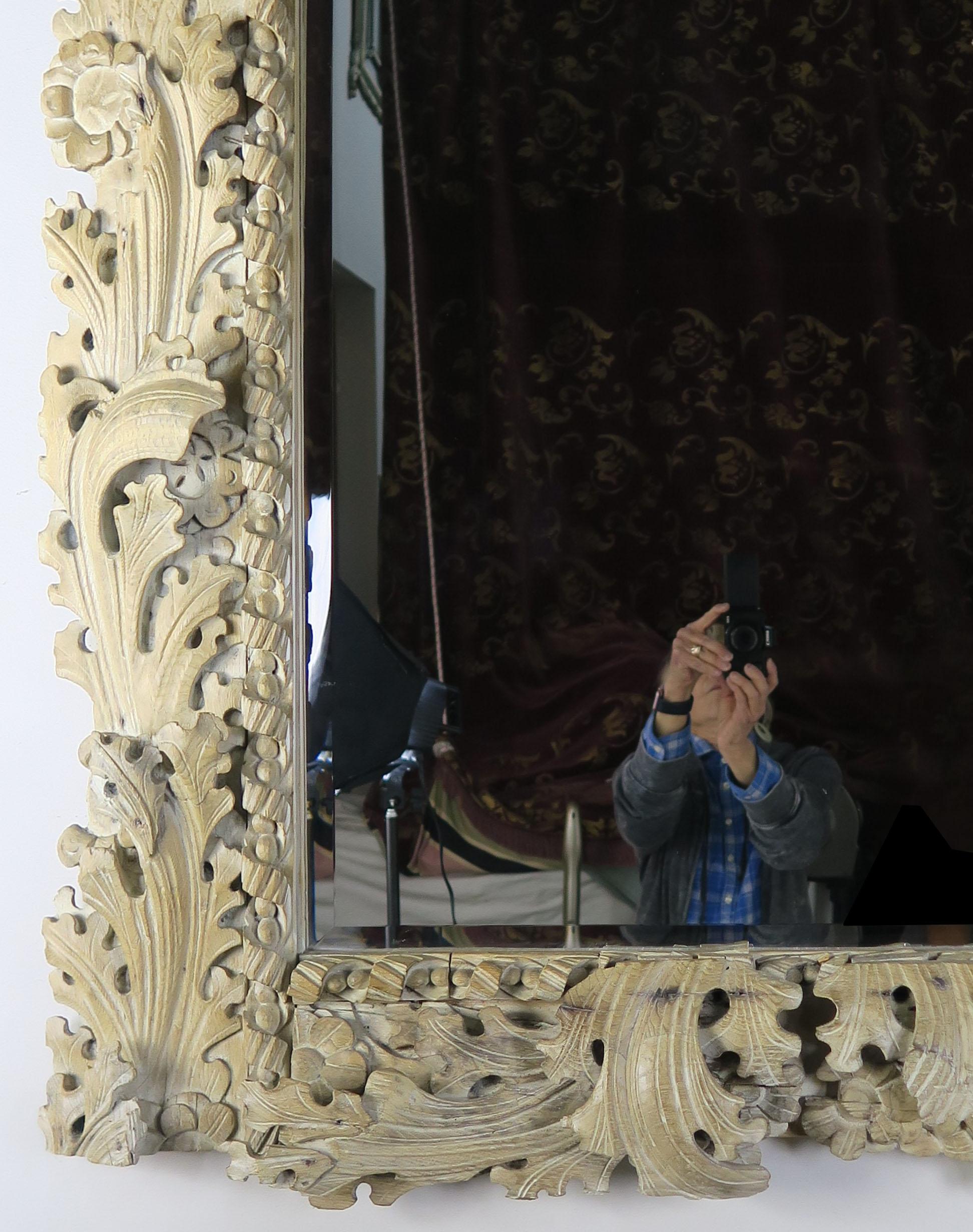 Rococo Italian Carved Bleached Walnut Acanthus Leaf and Shell Mirror