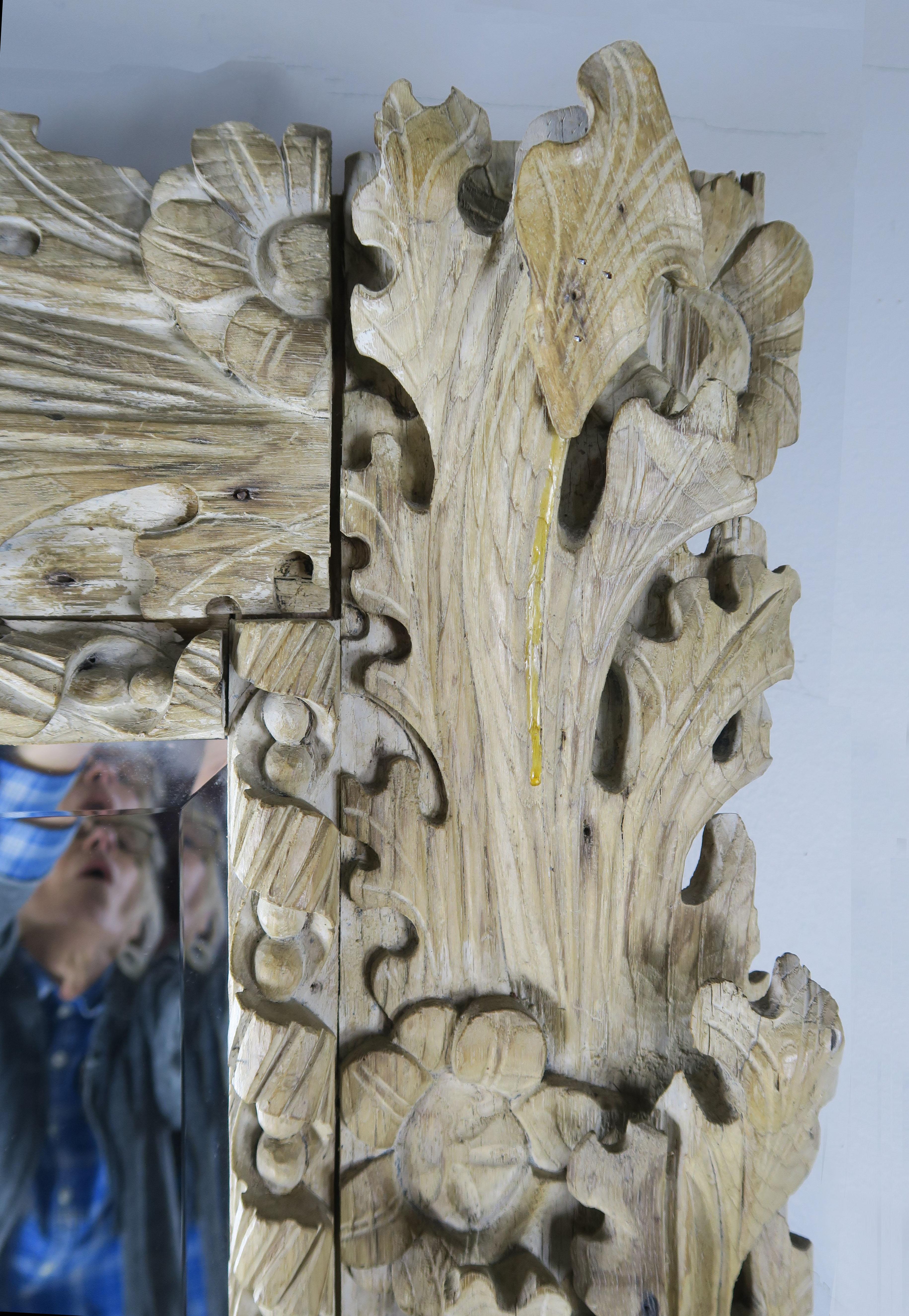 Italian Carved Bleached Walnut Acanthus Leaf and Shell Mirror In Distressed Condition In Los Angeles, CA