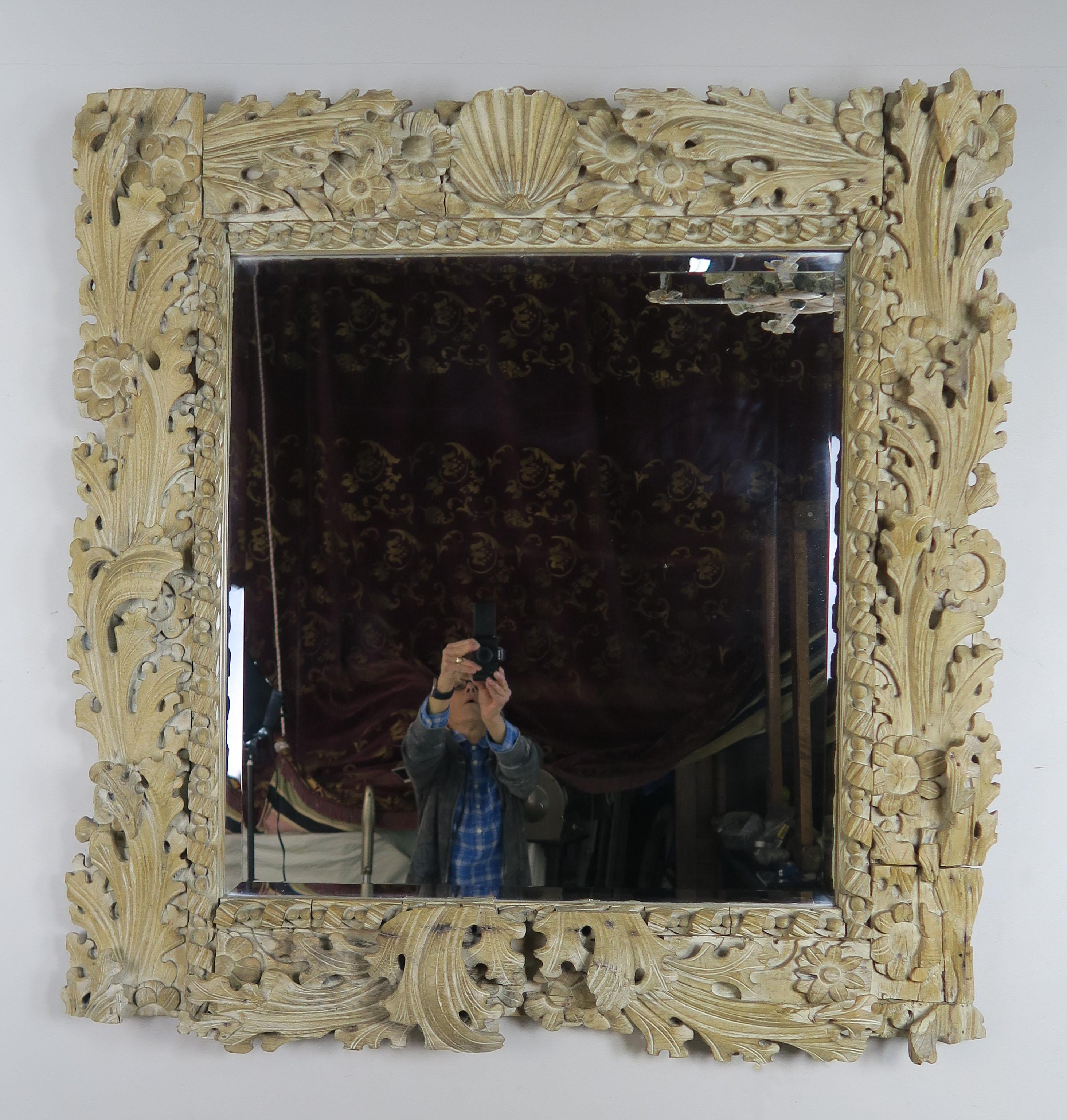 Italian Carved Bleached Walnut Acanthus Leaf and Shell Mirror 2