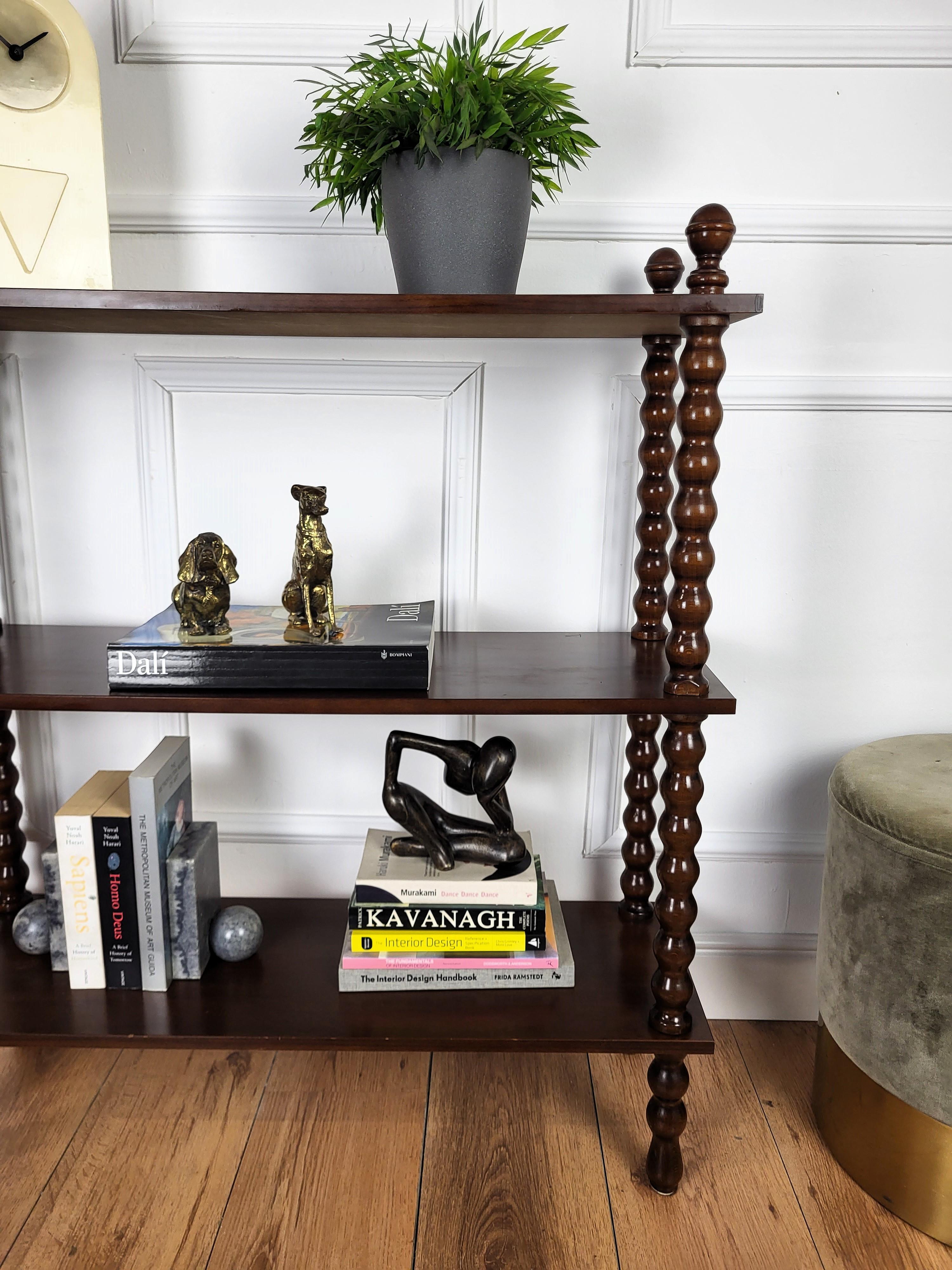 Mid-Century Modern Italian Carved Bobbin Turned Walnut Wood Three Shelves Open Bookcase Library
