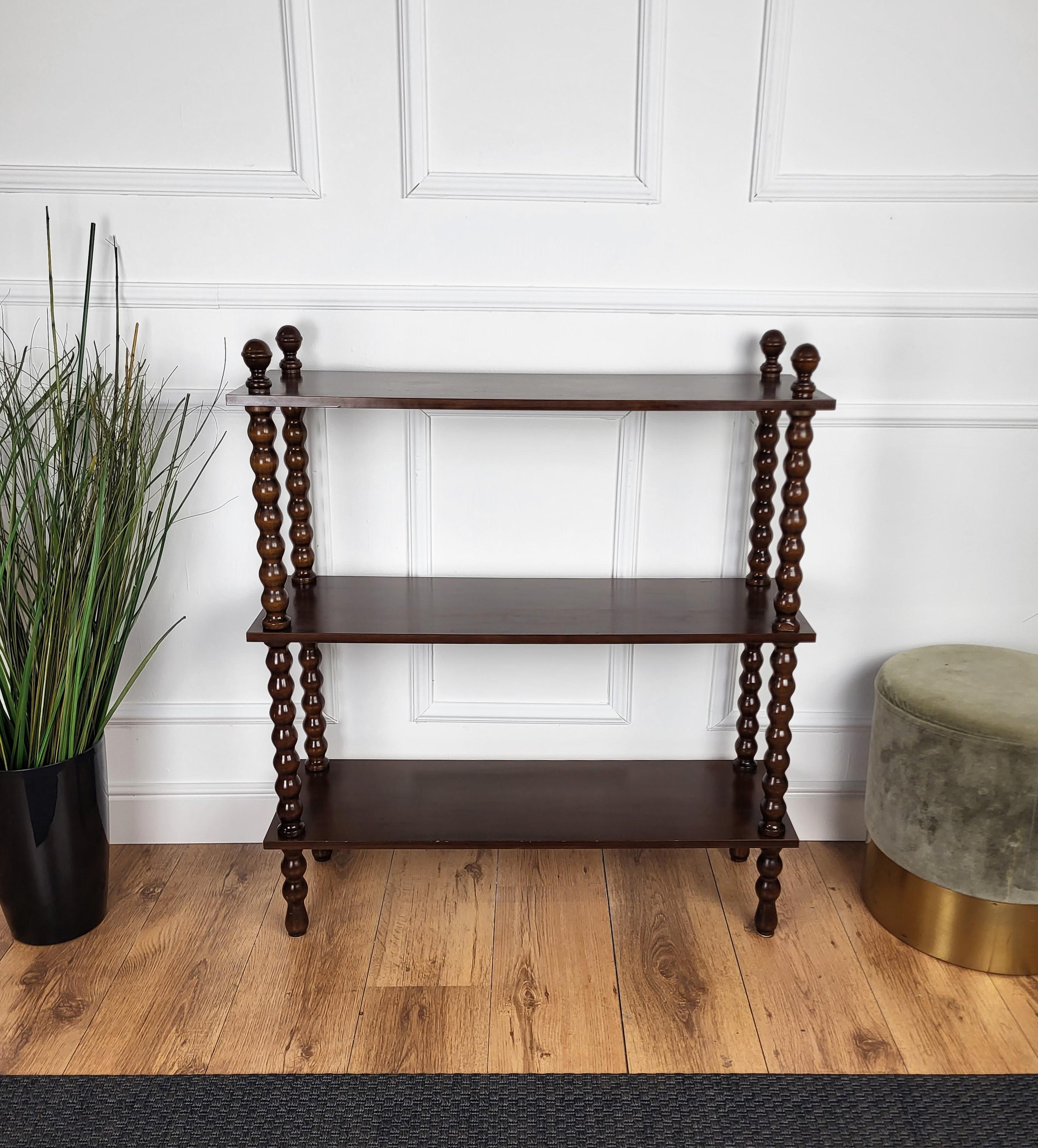 20th Century Italian Carved Bobbin Turned Walnut Wood Three Shelves Open Bookcase Library