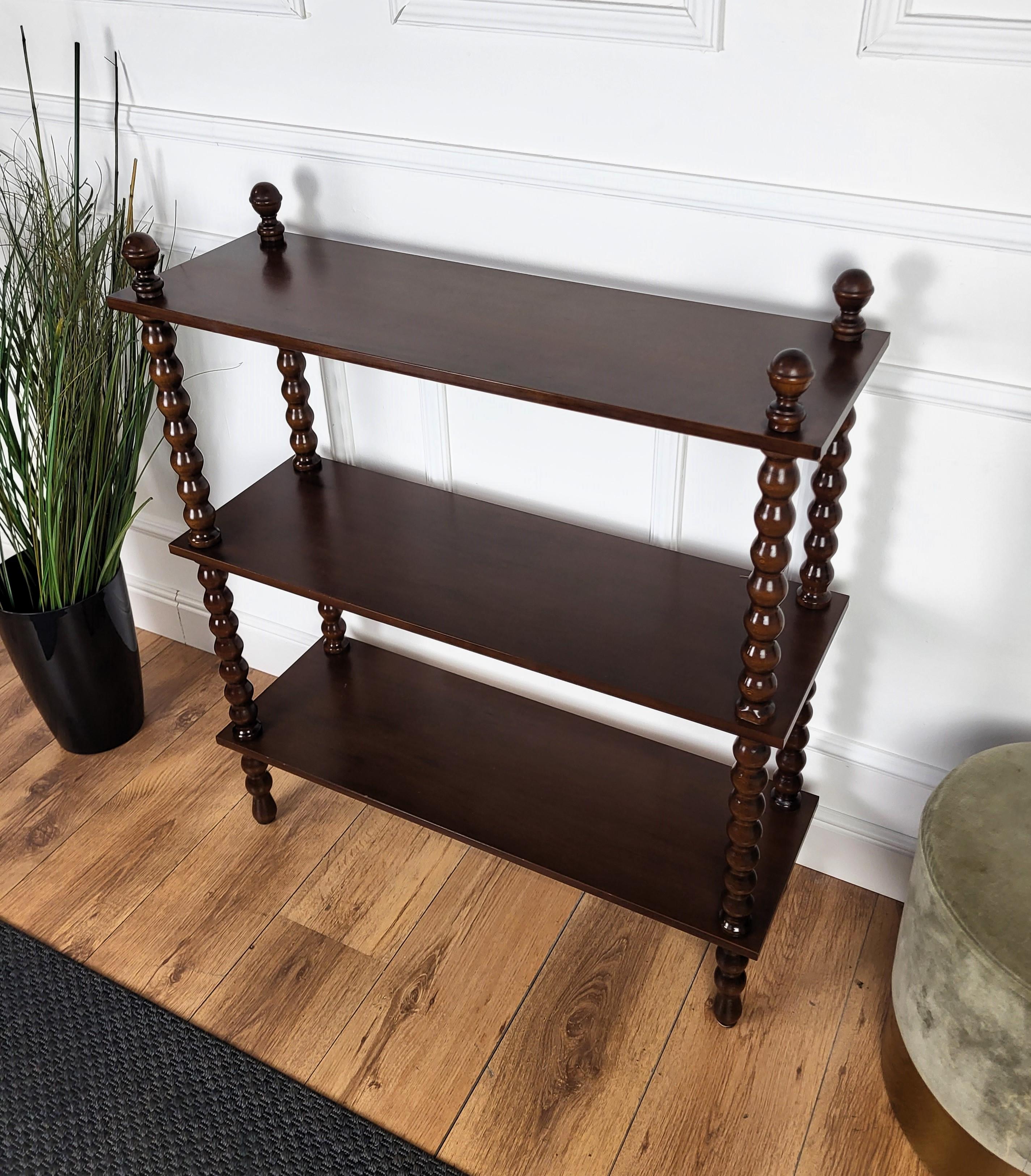 Italian Carved Bobbin Turned Walnut Wood Three Shelves Open Bookcase Library 1