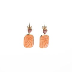 Italian Carved Cammeo Pink Japanese Coral Tourmaline 18 Karat Gold Drop Earrings