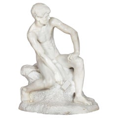 Italian Carved Carrara Marble Art Deco Sculpture of “Stone Carver” by Barsanti