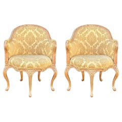 Italian Carved & Cerused  Pine French Louis XV Style Bergere Chairs - Pair