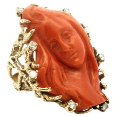 Italian Carved Coral and Diamond Ring in 14K Gold, circa 1970s