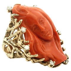 Italian Carved Coral and Diamond Ring in 14K Gold, circa 1970s