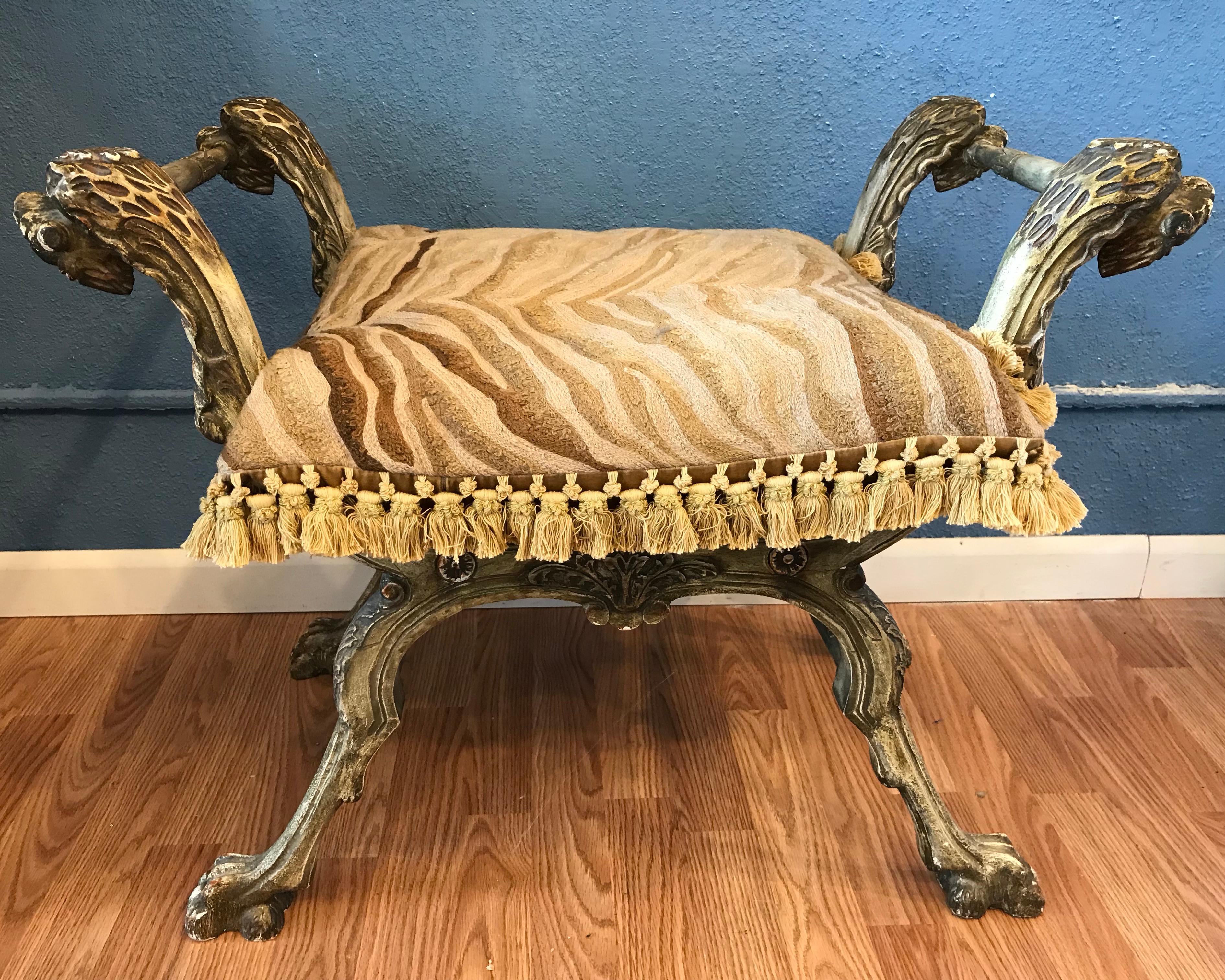 Painted Italian Carved Curule Bench