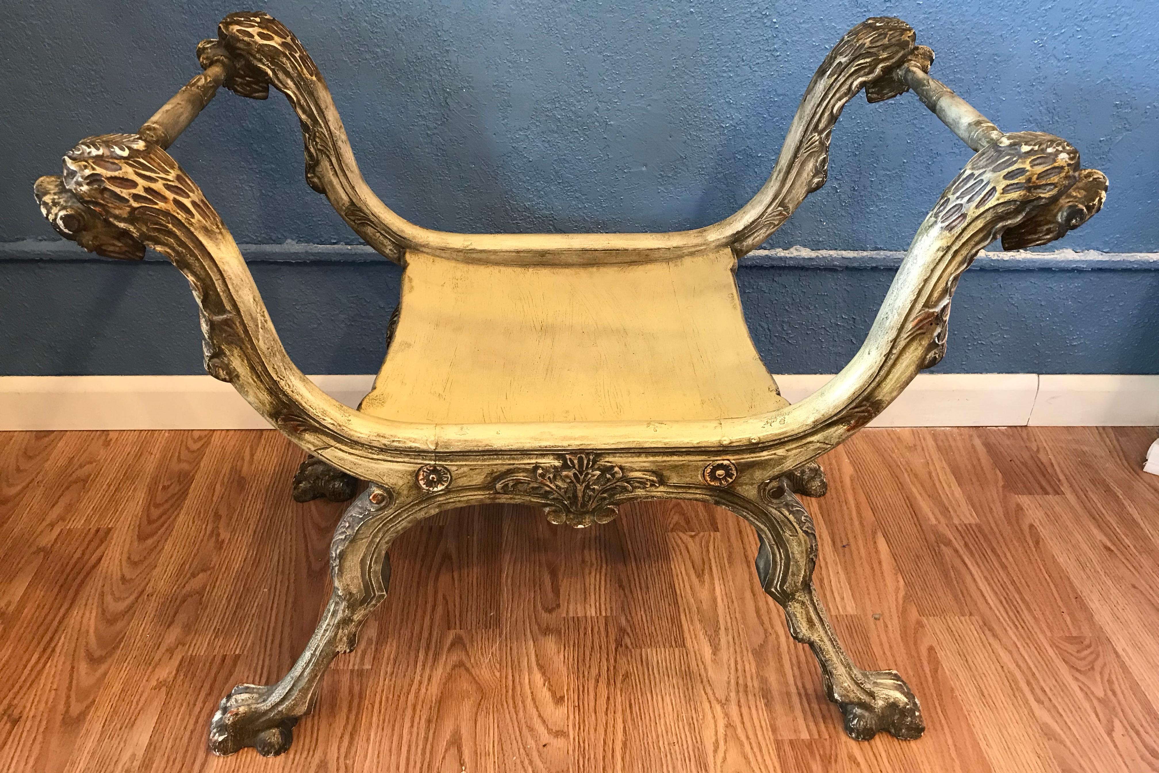 Textile Italian Carved Curule Bench