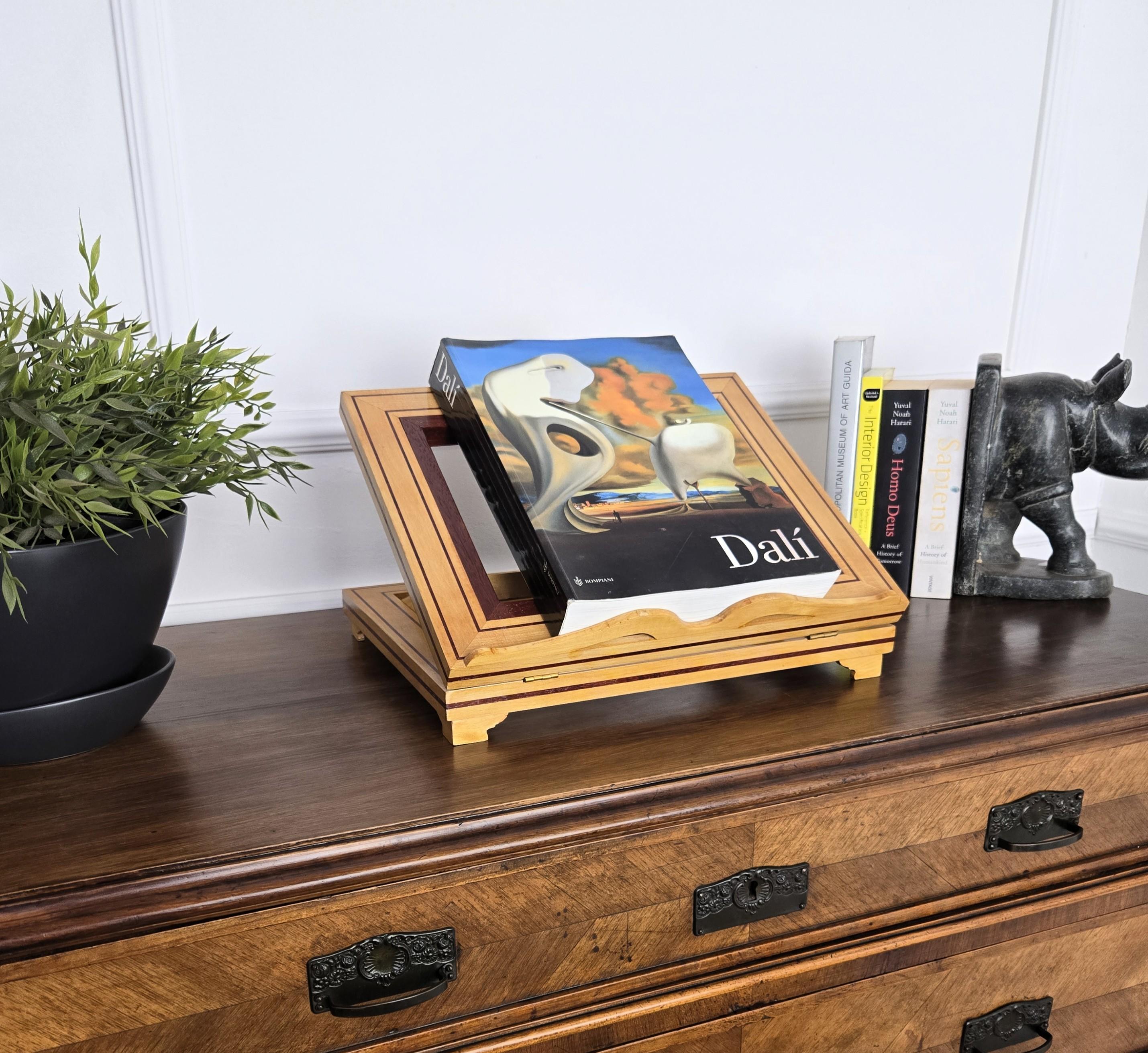 Unique and decorative bookstand with carved lyre harp back and detailed in the frames and with its warm patina. It can look great on a large desk or sidetable in a reading room or study, but on a credenza or in a kitchen with a recipe book it will