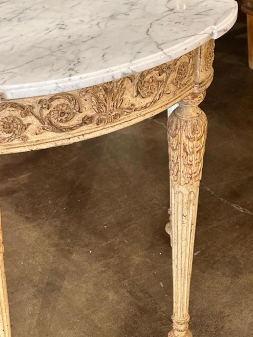 Marble Italian Carved Demi-lune Consoles For Sale