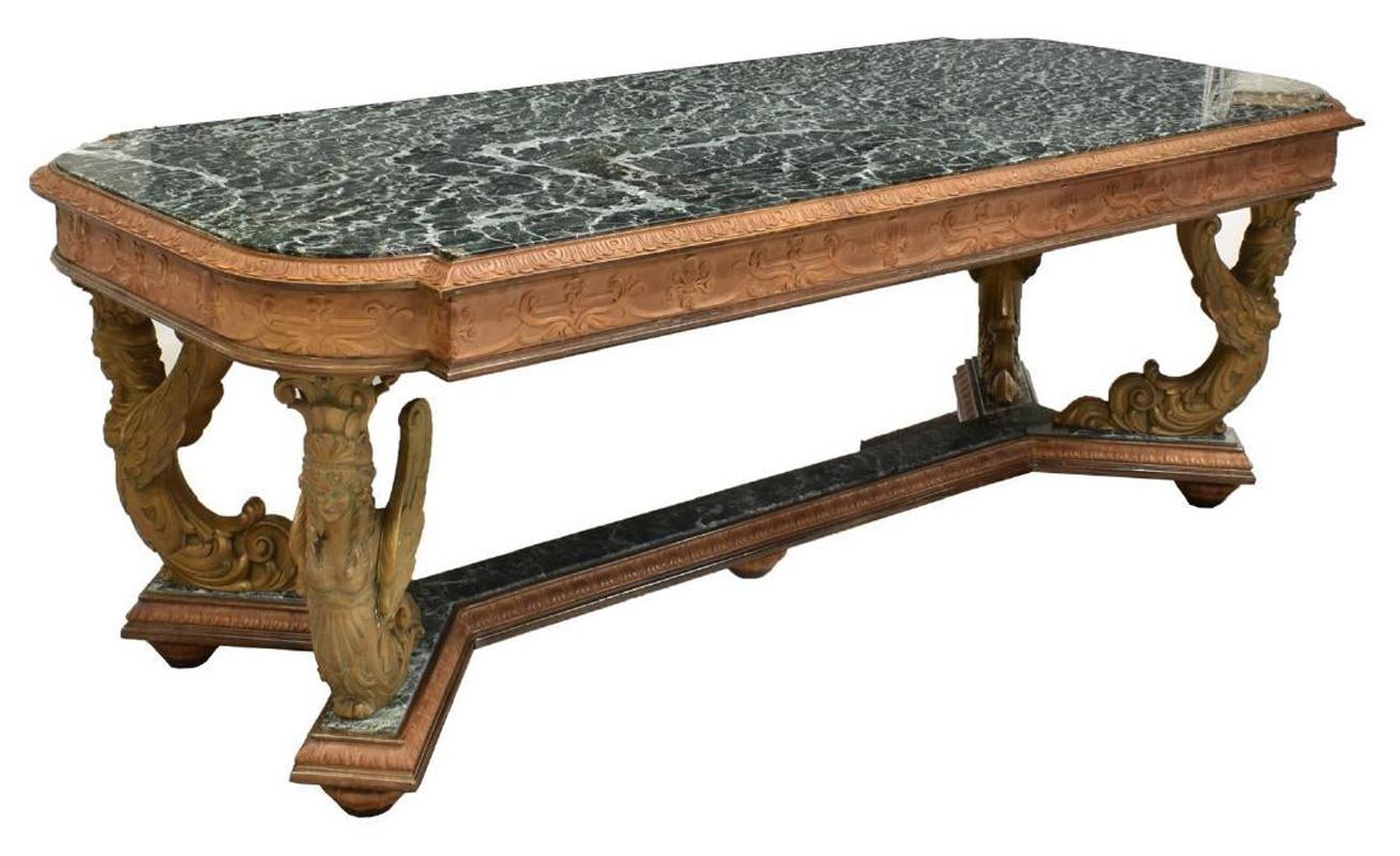 Italian Carved Dining Table with Verde Green Marble Top In Good Condition In Cypress, CA