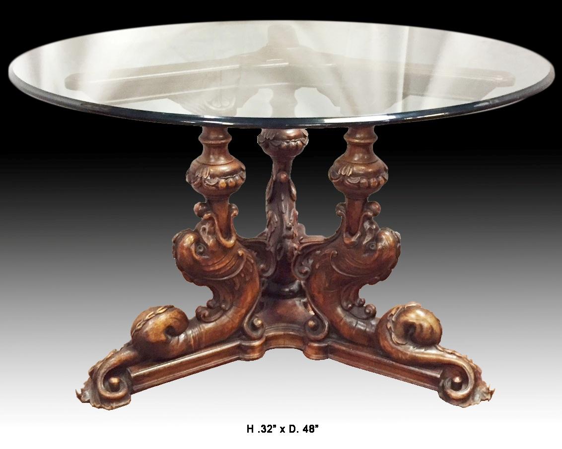 Hand-Carved Italian Carved Dolphin Round Table, 19th Century
